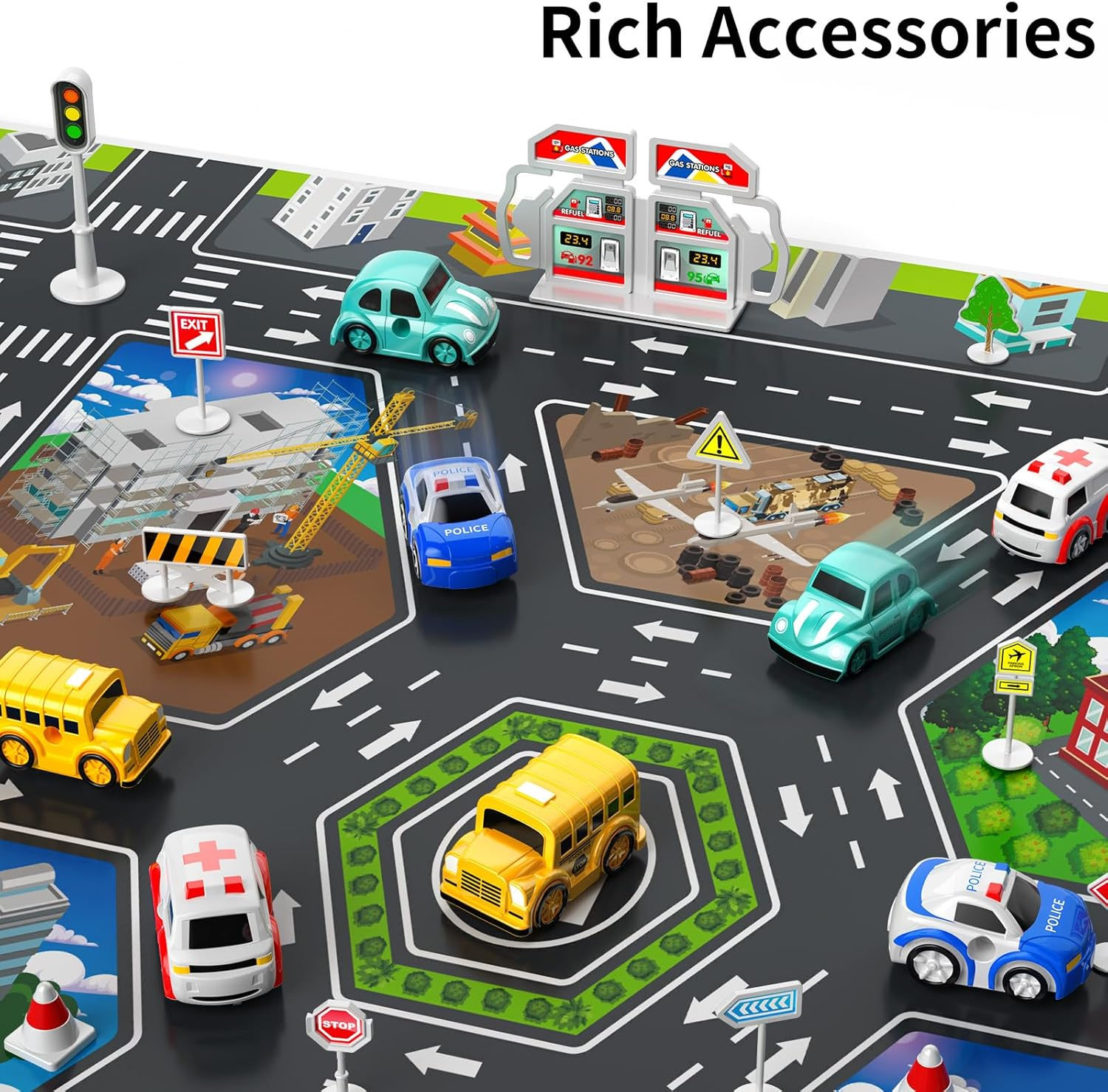 Kids Airplane Car Toys Race Tracks - Transport Airplane Adventures Playset with 8 City Cars & Garage Parking Lot Playmat for Boys & Girls Ages 2-6