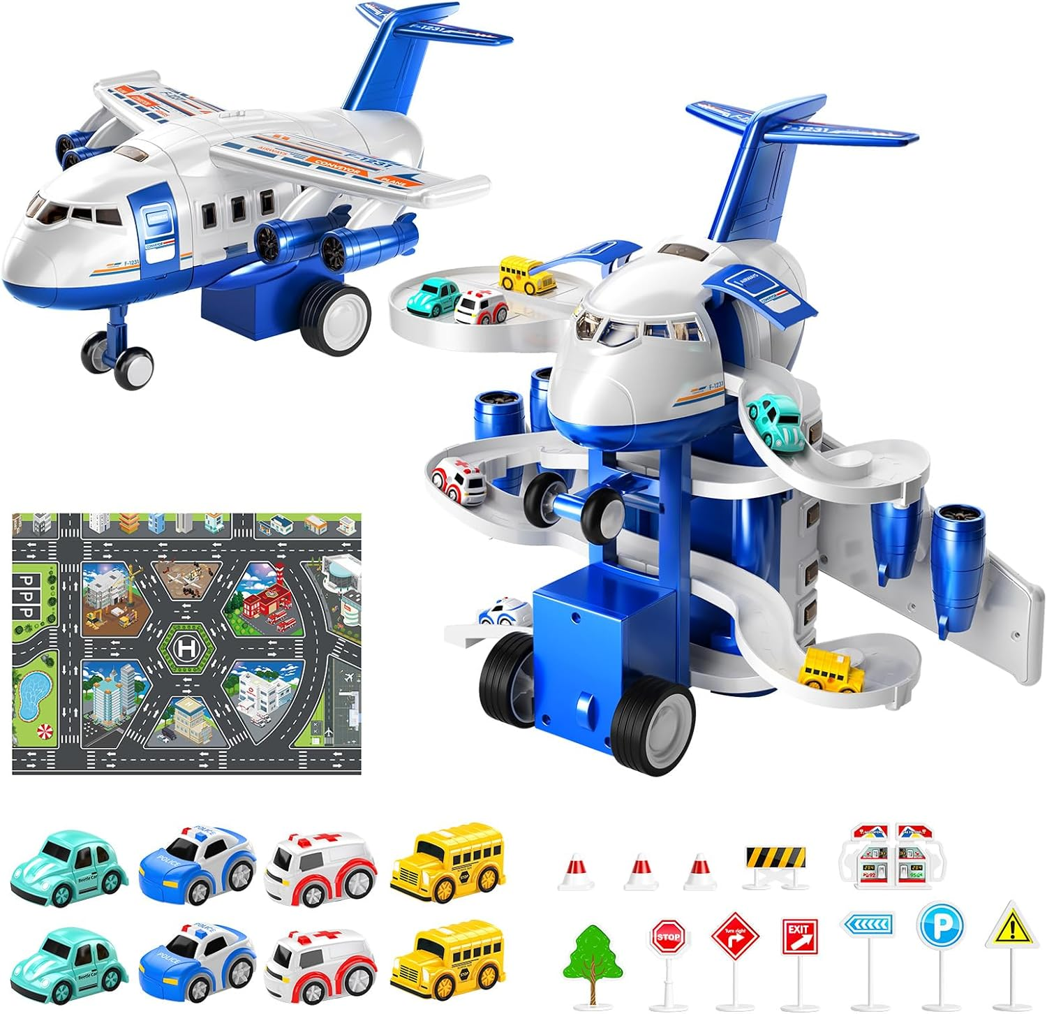 Kids Airplane Car Toys Race Tracks - Transport Airplane Adventures Playset with 8 City Cars & Garage Parking Lot Playmat for Boys & Girls Ages 2-6