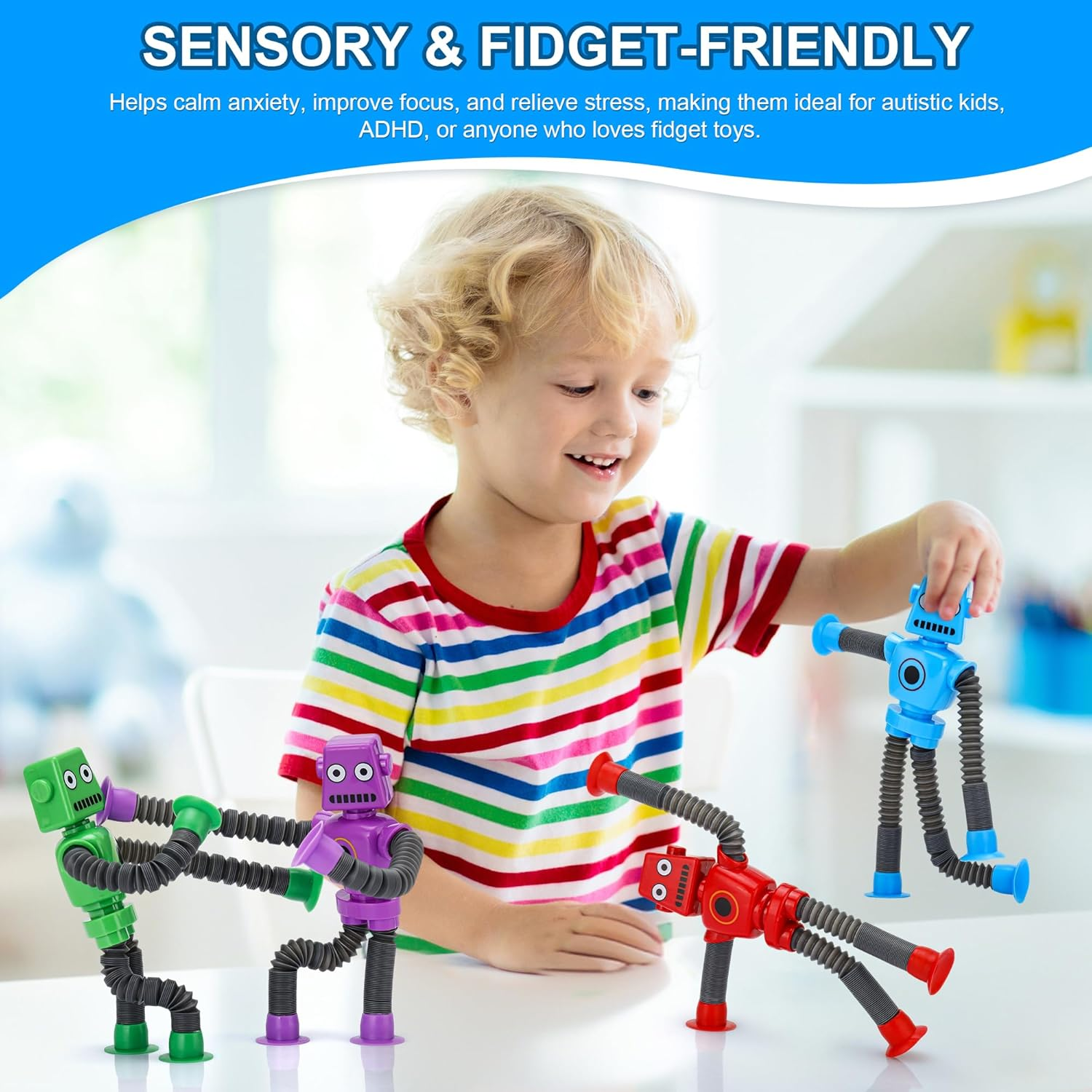 Robot Pop Tubes Fidget Toys - 6 Pack Sensory Stretchy Tubes for Kids Ages 3+ | Autism Stress Relief & Travel Toys