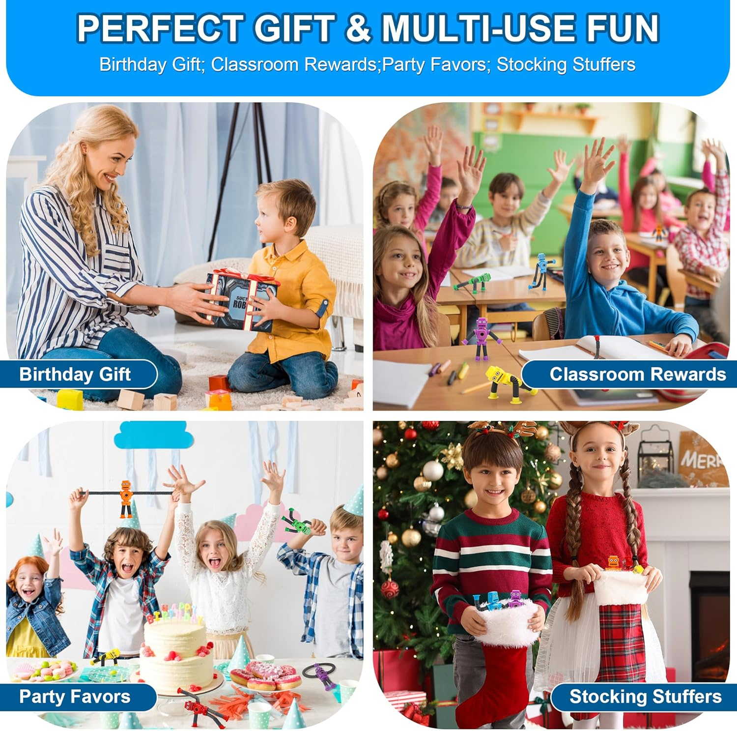 Robot Pop Tubes Fidget Toys - 6 Pack Sensory Stretchy Tubes for Kids Ages 3+ | Autism Stress Relief & Travel Toys