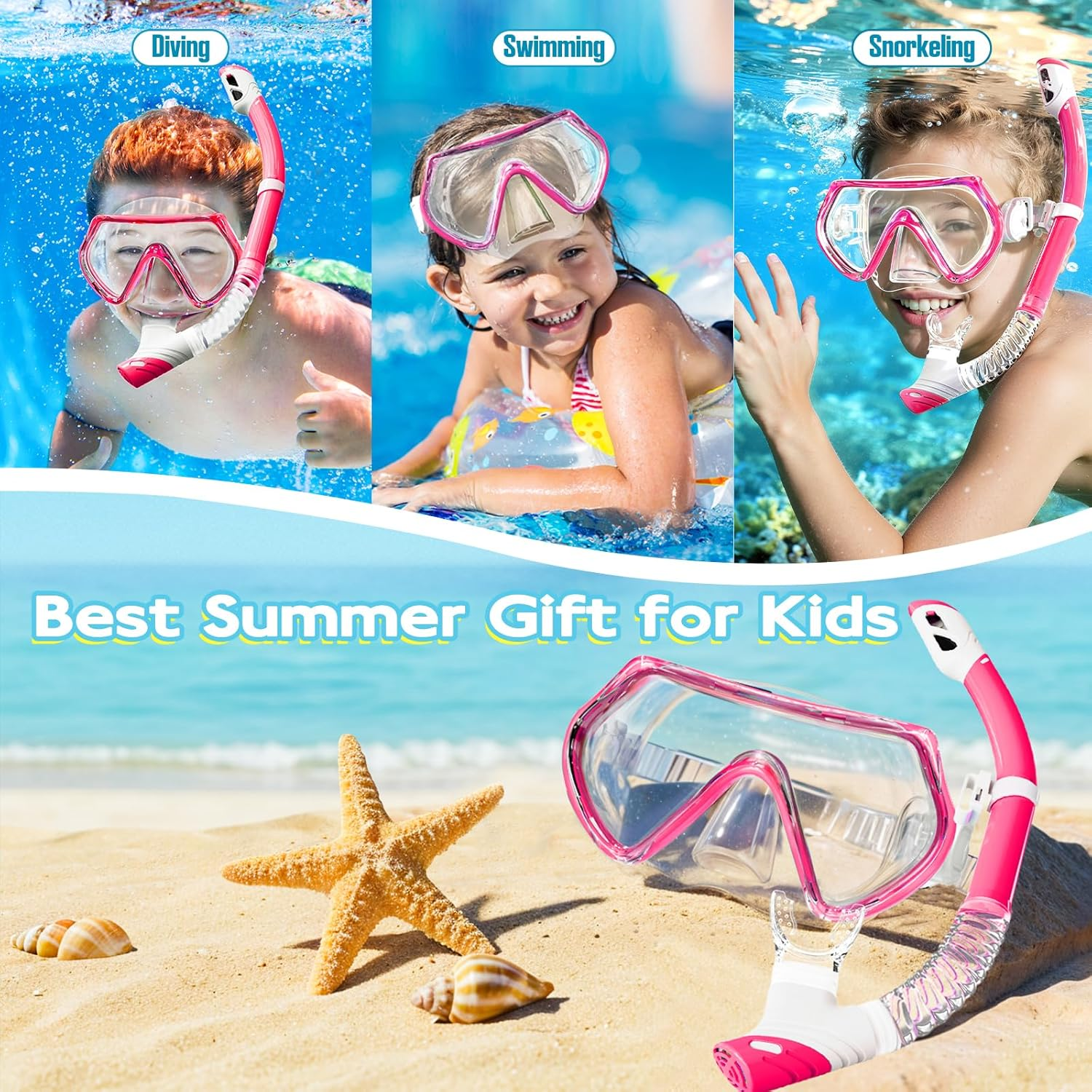 Kids Snorkel Set Ages 3-14 - Anti-Fog Diving Mask & Dry Top Snorkel Combo | Unisex Swimming Goggles for Beach & Pool