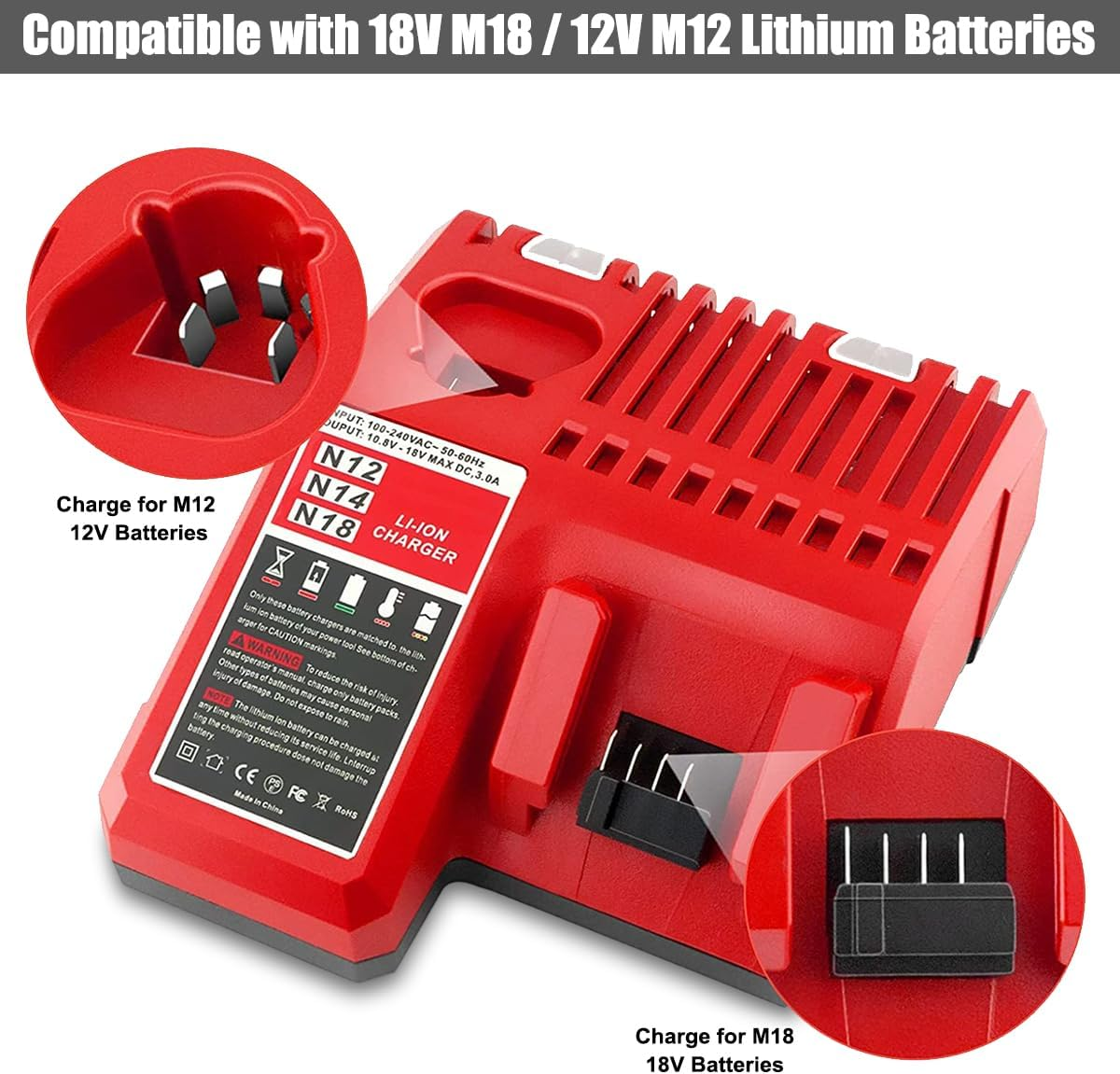 Lizone M12 & M18 Multi-Voltage Battery Charger for Milwaukee 48-59-1812 - Rapid Charger for 12V & 18V Lithium-Ion Batteries