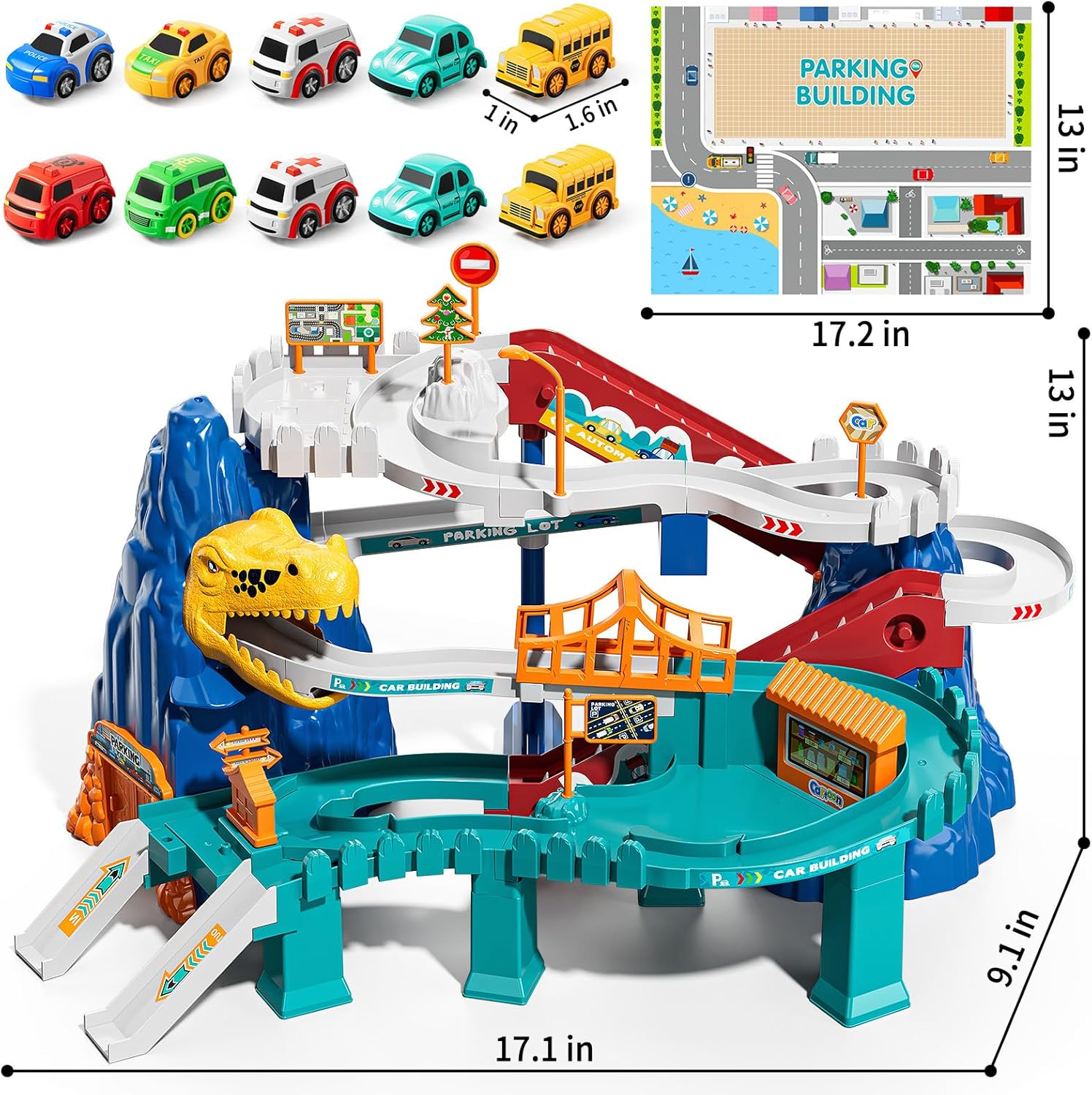 Dinosaur Race Track Playset for Kids Ages 3-8 - Climbing Hills Car Track with 10 Mini Racer Cars | Boys & Girls Ramp Track Toy