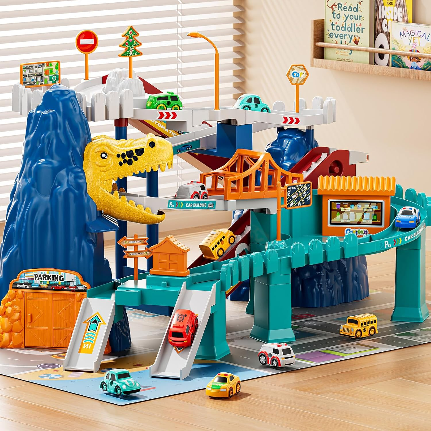 Dinosaur Race Track Playset for Kids Ages 3-8 - Climbing Hills Car Track with 10 Mini Racer Cars | Boys & Girls Ramp Track Toy