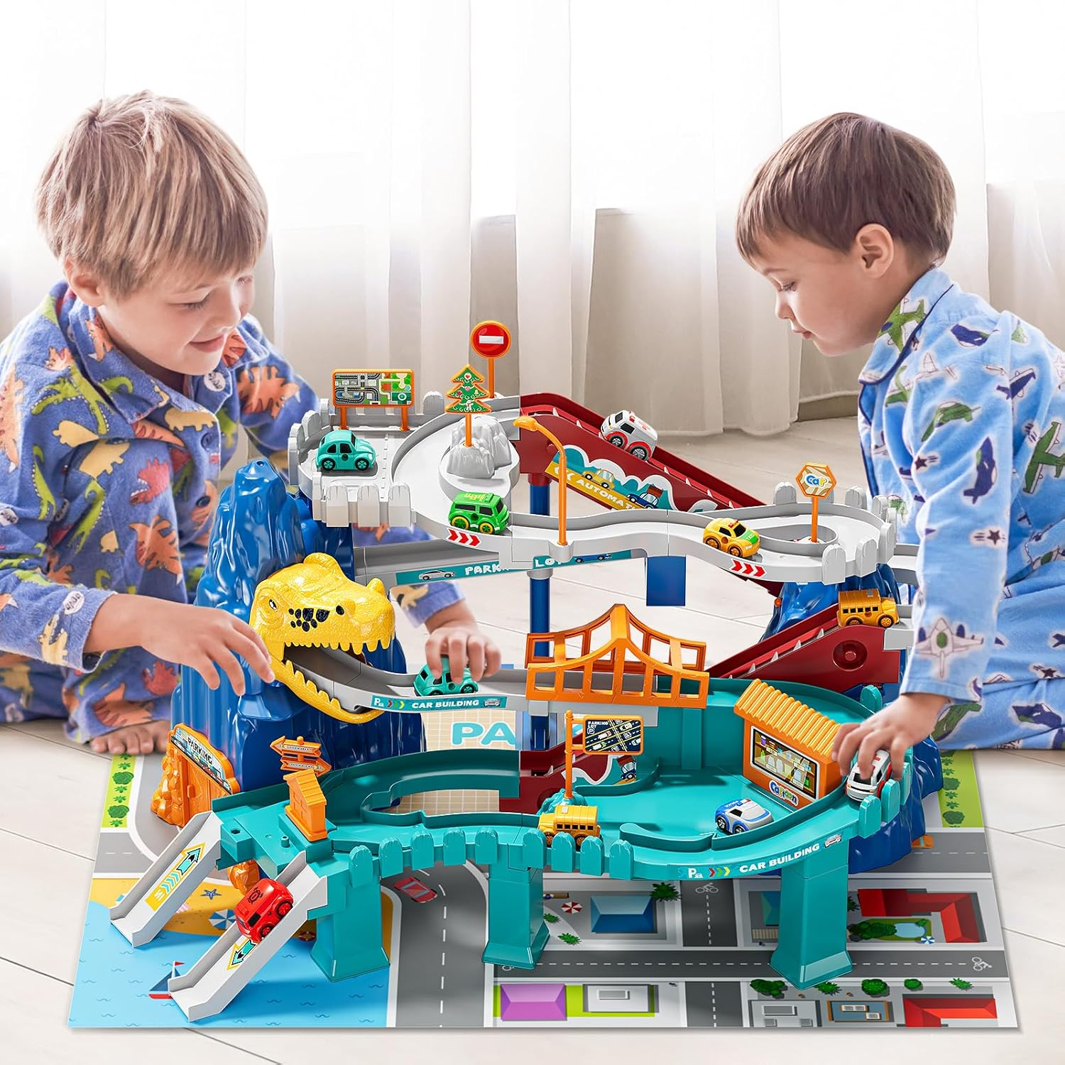 Dinosaur Race Track Playset for Kids Ages 3-8 - Climbing Hills Car Track with 10 Mini Racer Cars | Boys & Girls Ramp Track Toy