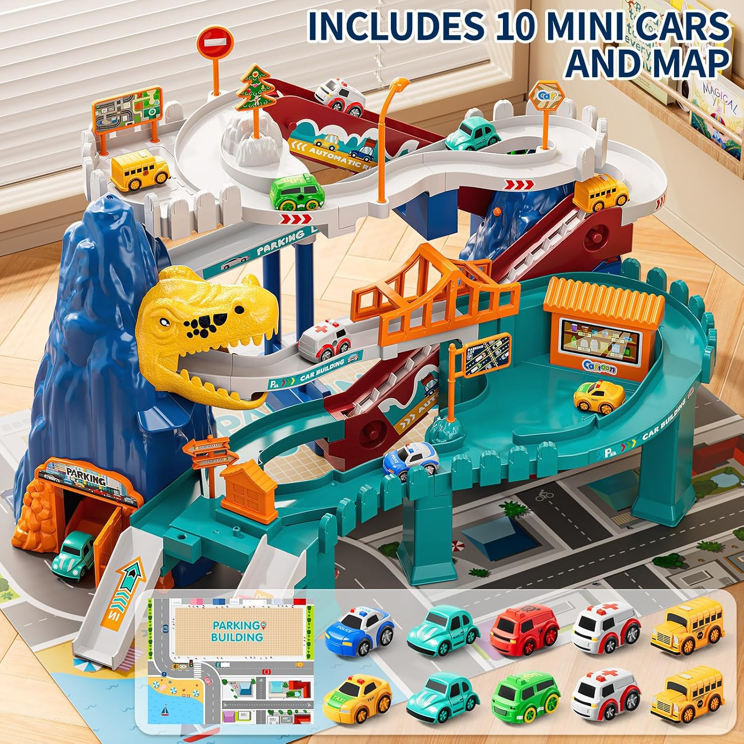 Dinosaur Race Track Playset for Kids Ages 3-8 - Climbing Hills Car Track with 10 Mini Racer Cars | Boys & Girls Ramp Track Toy