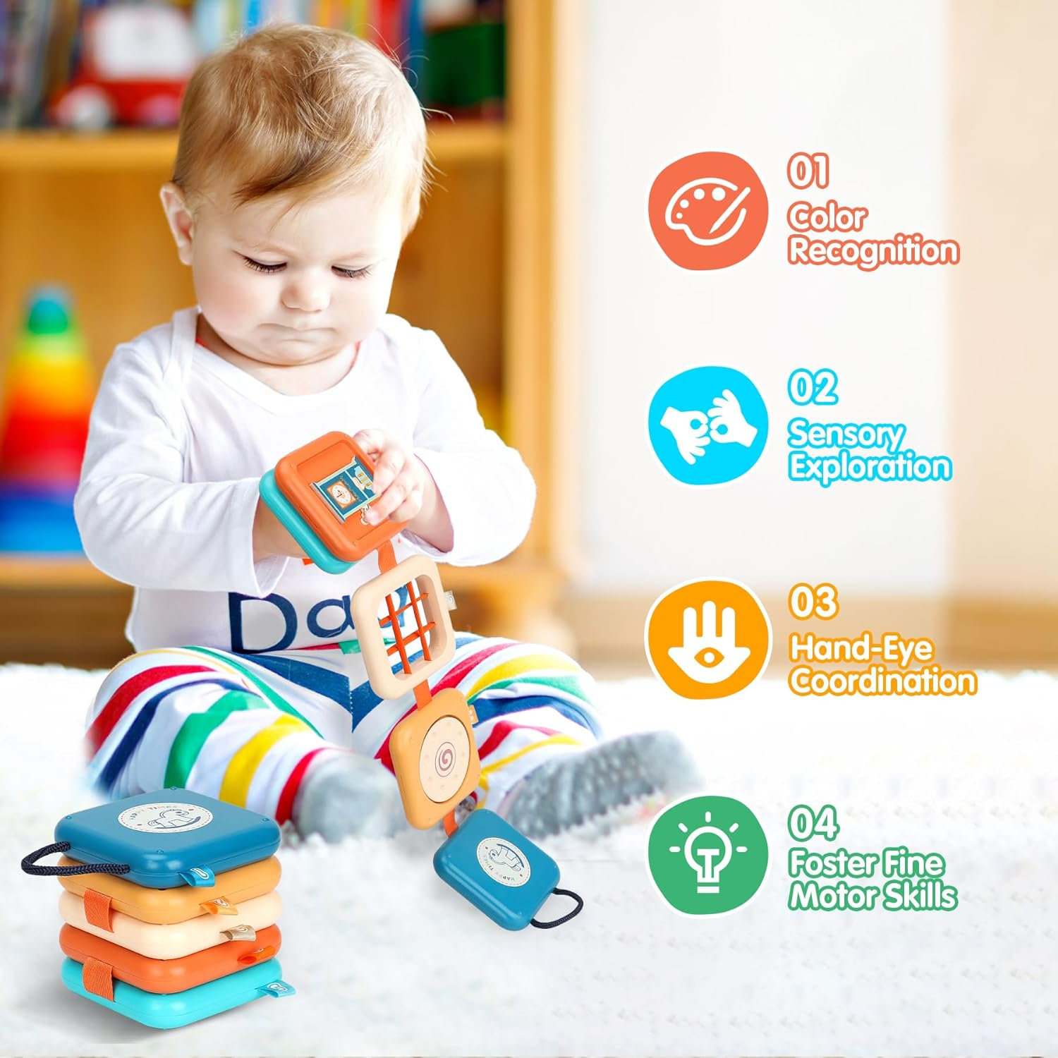 Montessori Busy Board for Toddlers Ages 1-3 - Travel Activity Cube with Zippers, Buttons & Latches | Sensory Learning Toy Gift