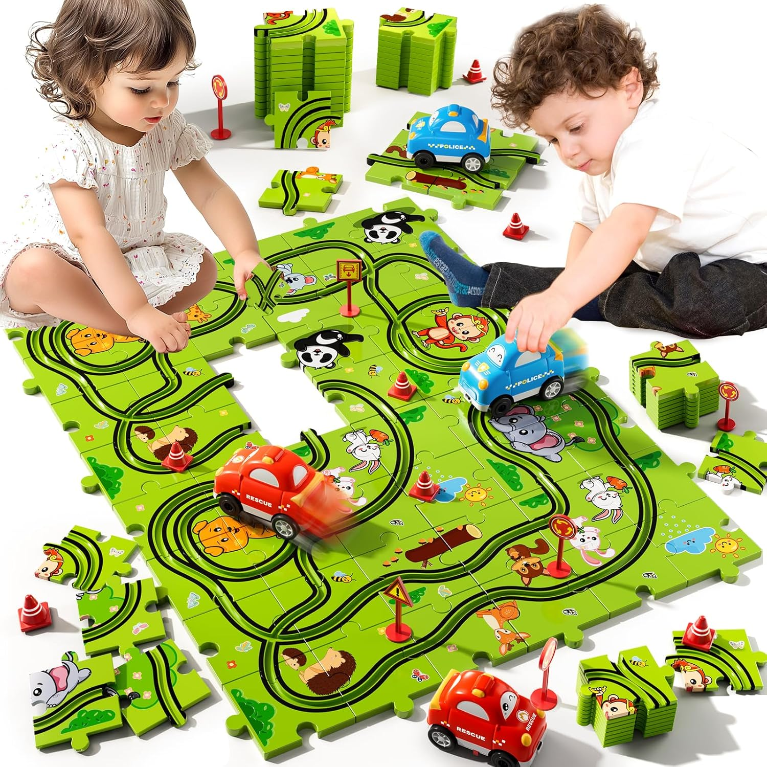 48 Piece Puzzle Race Track Car Set for Kids Ages 3-6 - Floor Puzzle Car Tracks for Boys & Girls | Toddler Building Toy Gift