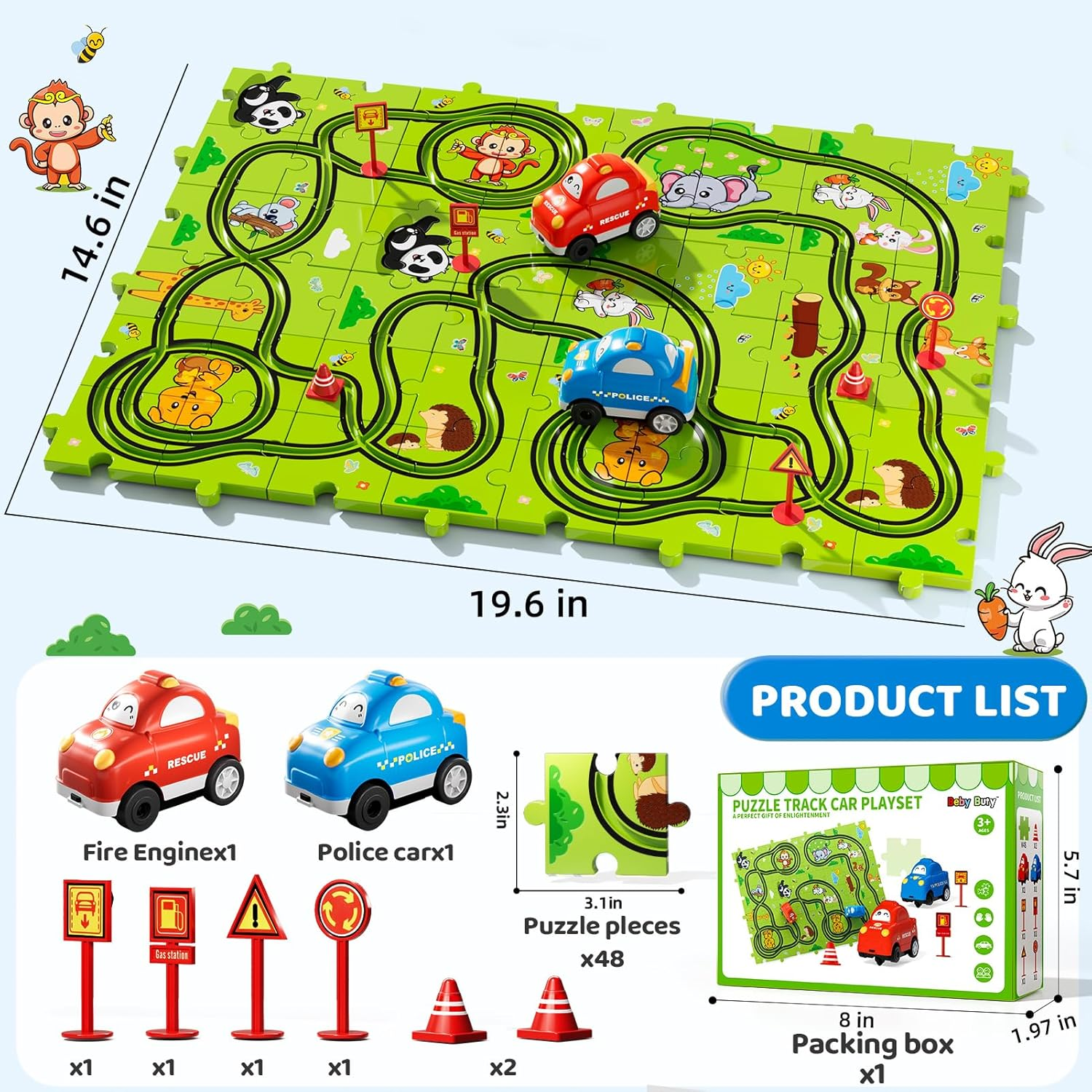 48 Piece Puzzle Race Track Car Set for Kids Ages 3-6 - Floor Puzzle Car Tracks for Boys & Girls | Toddler Building Toy Gift