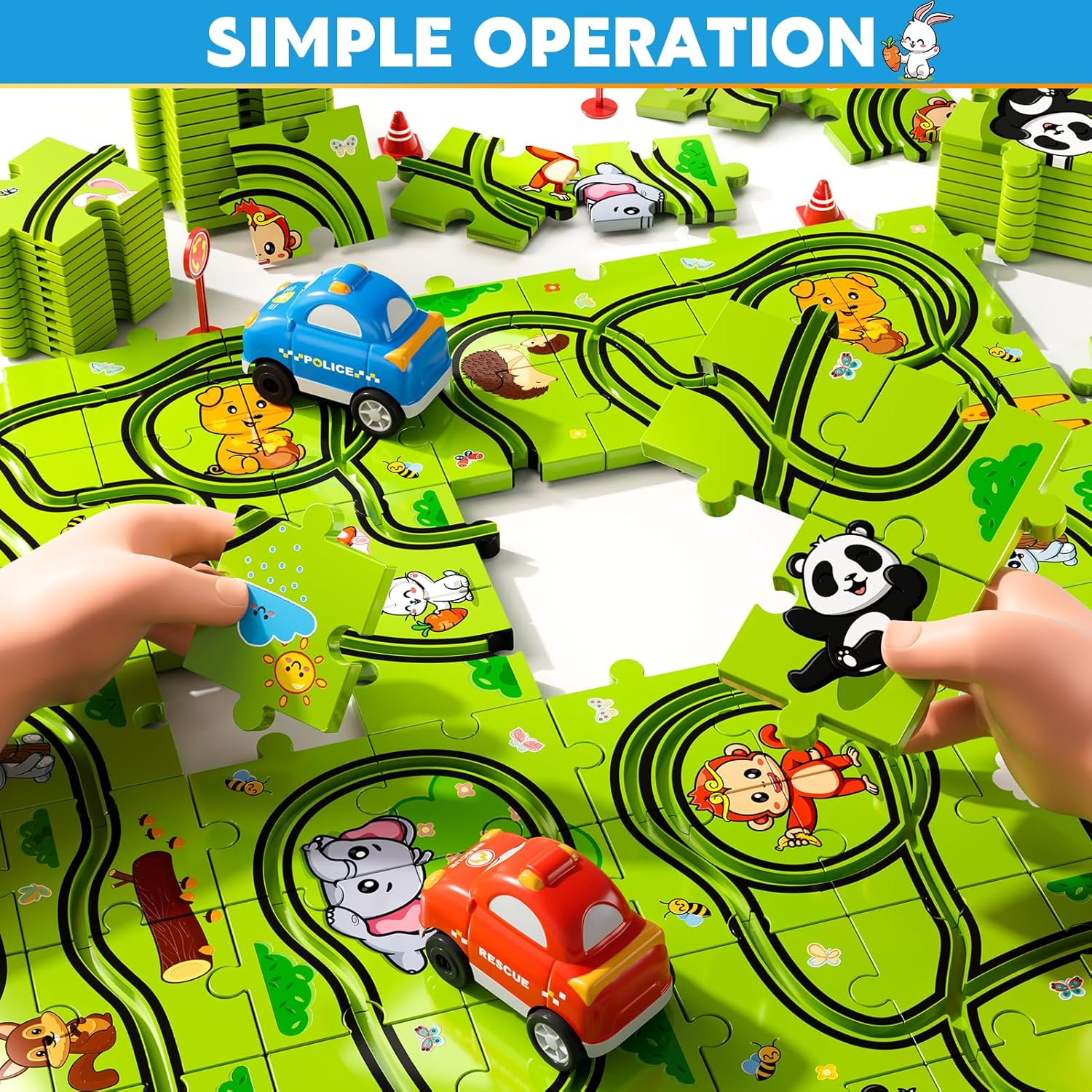 48 Piece Puzzle Race Track Car Set for Kids Ages 3-6 - Floor Puzzle Car Tracks for Boys & Girls | Toddler Building Toy Gift