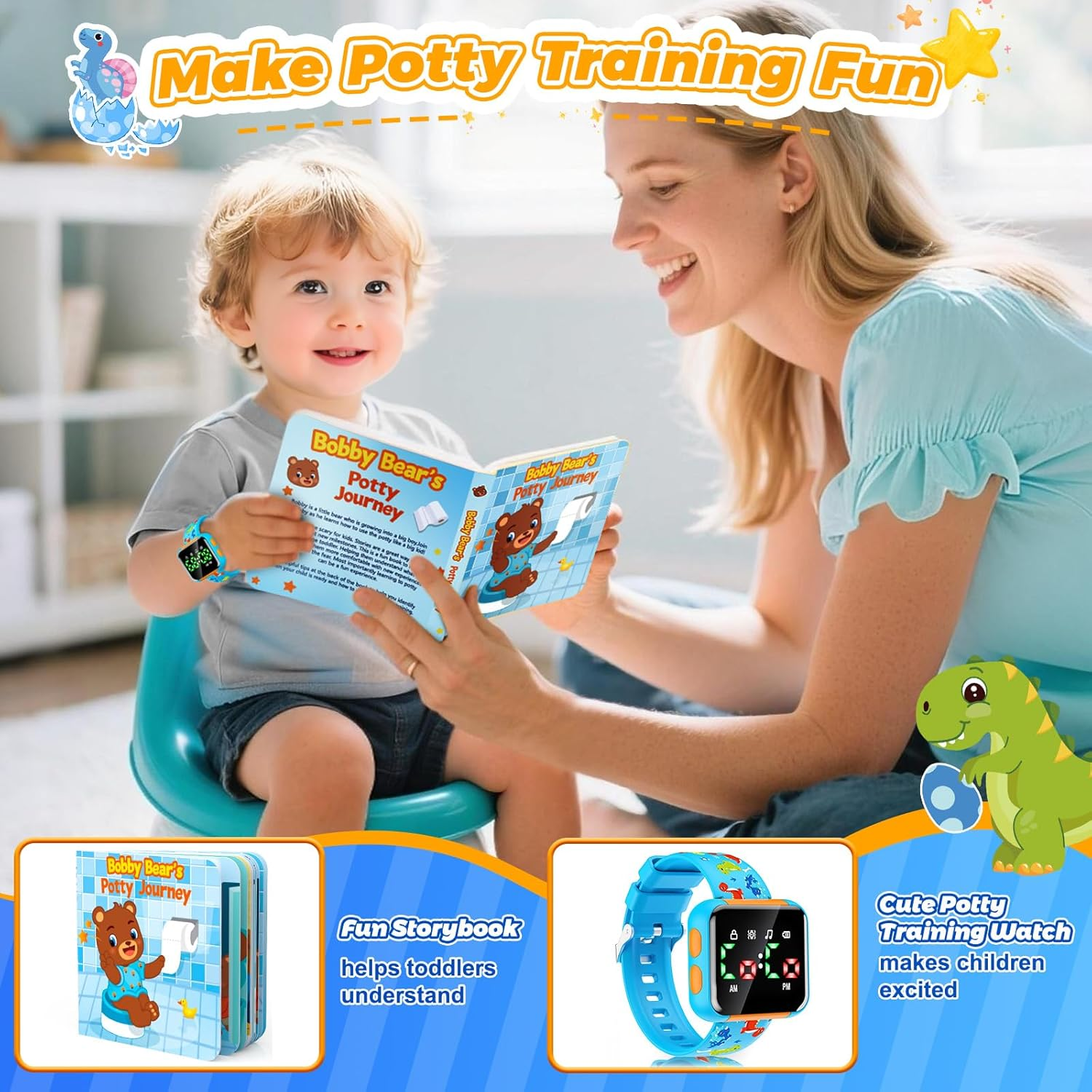Potty Training Watch & Board Book for Toddlers Ages 2-4 - Water Resistant Dinosaur Watch with Toilet Reminders | Boys Birthday Gift