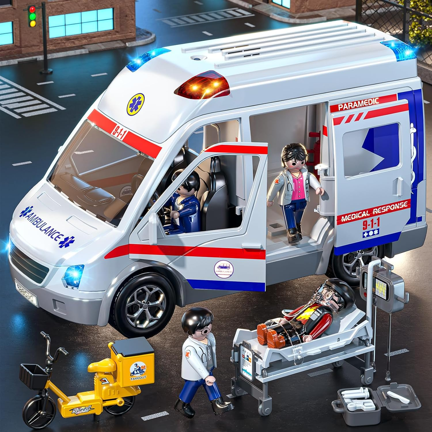 Paramedic Ambulance Playset - Medical Response Vehicle with 6 Opening Doors & 4 Figures