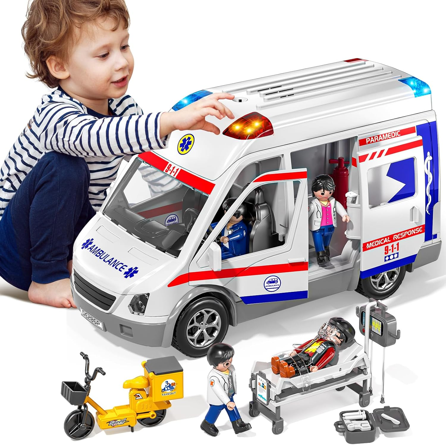 Paramedic Ambulance Playset - Medical Response Vehicle with 6 Opening Doors & 4 Figures