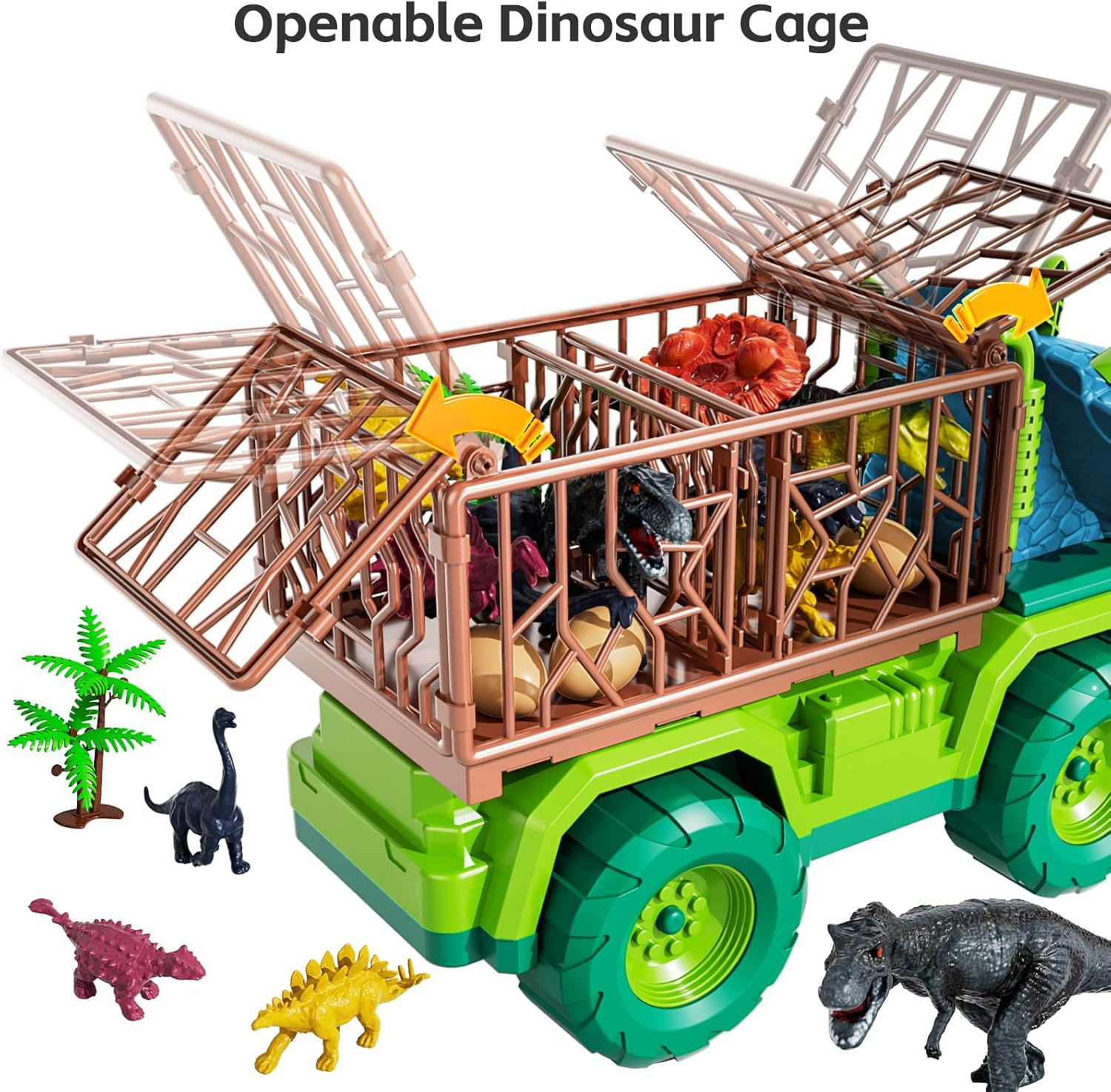 Dinosaur Transport Truck Playset - Triceratops Carrier with 12 Dinosaurs, Openable Cage & Park Map