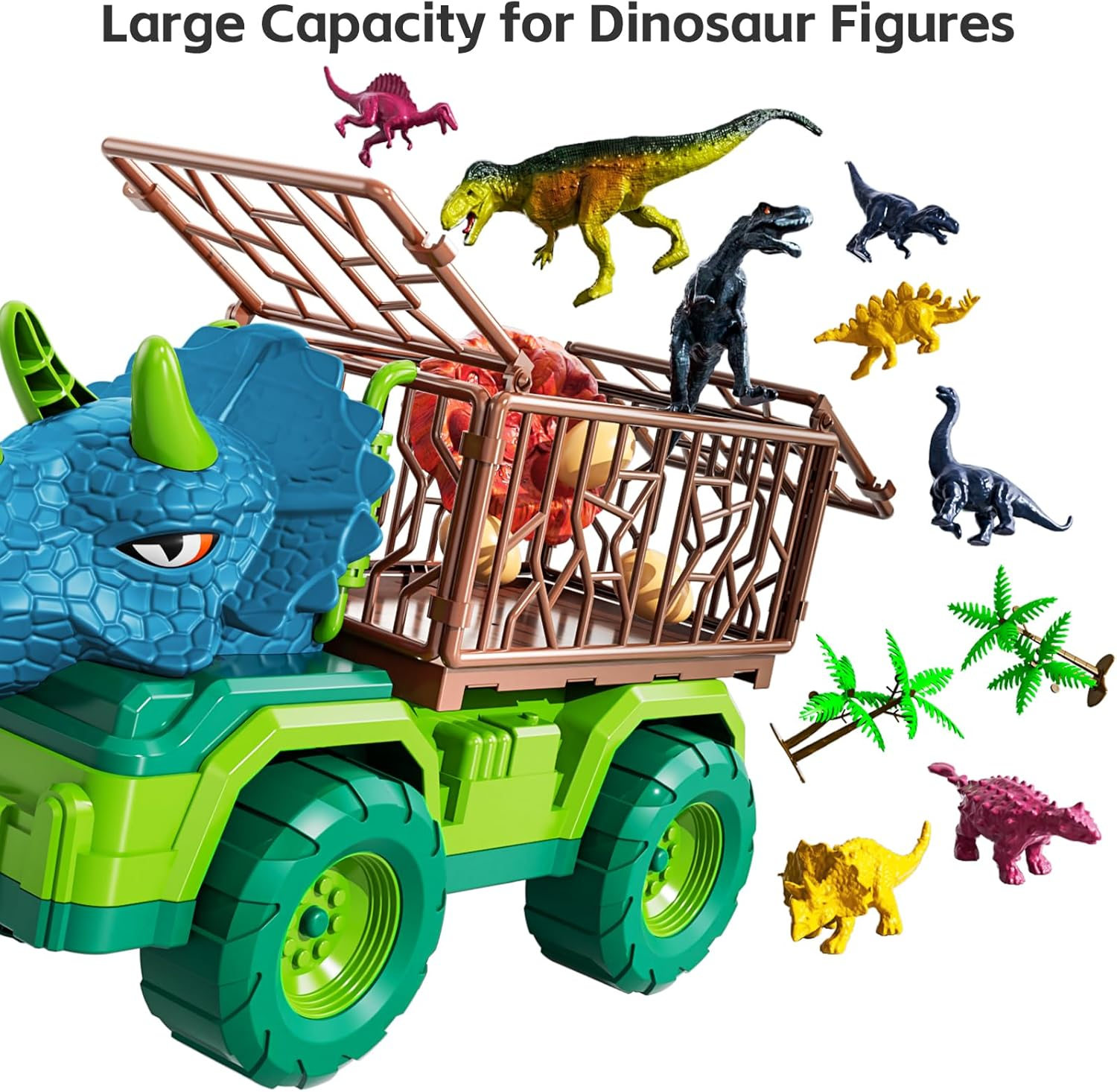 Dinosaur Transport Truck Playset - Triceratops Carrier with 12 Dinosaurs, Openable Cage & Park Map