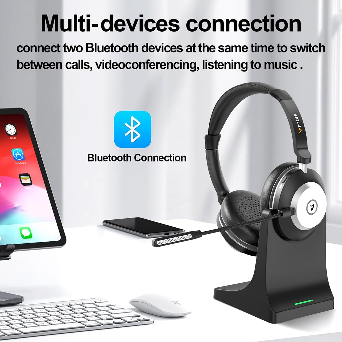 Wireless Headset with Charging Stand - Noise Cancelling Bluetooth Headset with Microphone for PC, Office, Home & Video Conferencing