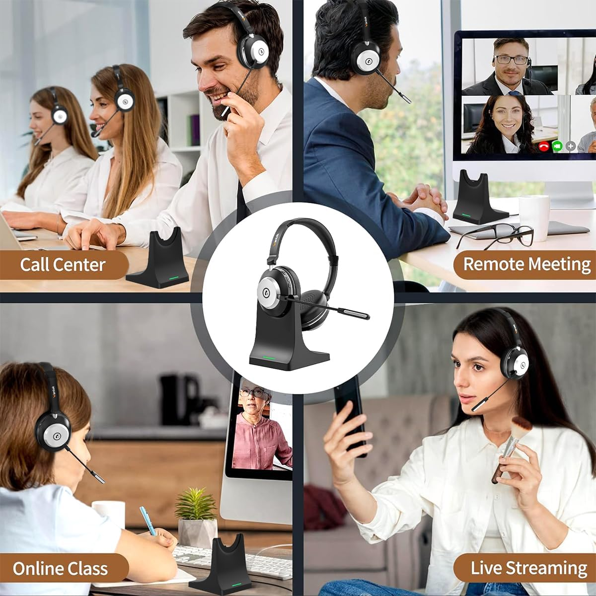 Wireless Headset with Charging Stand - Noise Cancelling Bluetooth Headset with Microphone for PC, Office, Home & Video Conferencing