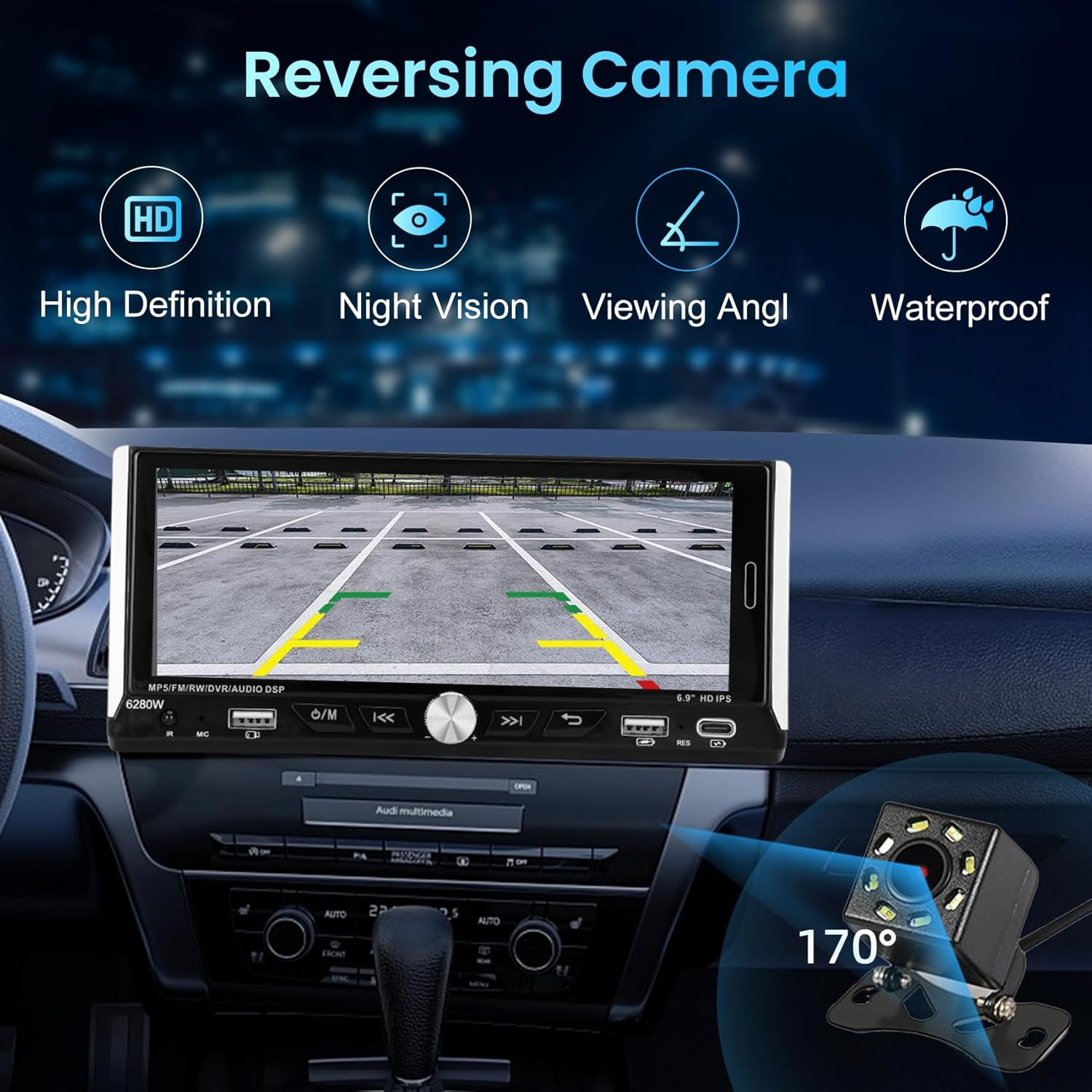 6.9" Wireless CarPlay Car Stereo - Double Din Apple CarPlay & Android Auto Touchscreen Radio with Backup Camera, Bluetooth, FM/AM, 6280W