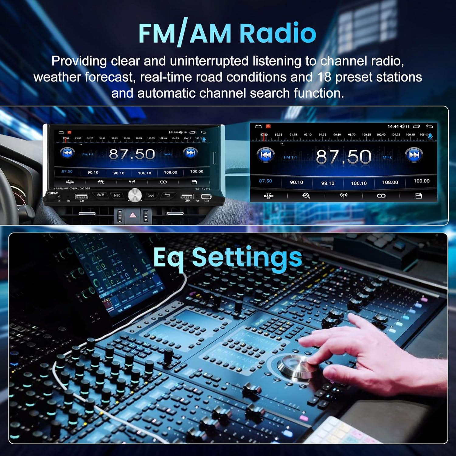6.9" Wireless CarPlay Car Stereo - Double Din Apple CarPlay & Android Auto Touchscreen Radio with Backup Camera, Bluetooth, FM/AM, 6280W