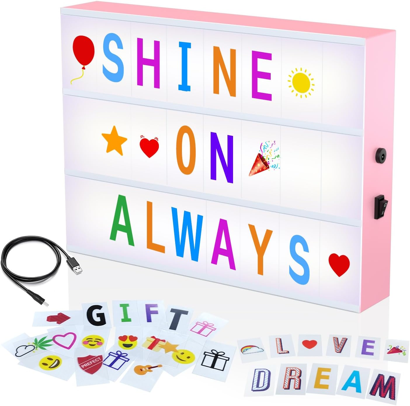 LED Light Box Sign with Letters - Pink Cinematic Light Up Message Board with 230 Colorful Letters, Emojis & Symbols - USB & Battery Powered