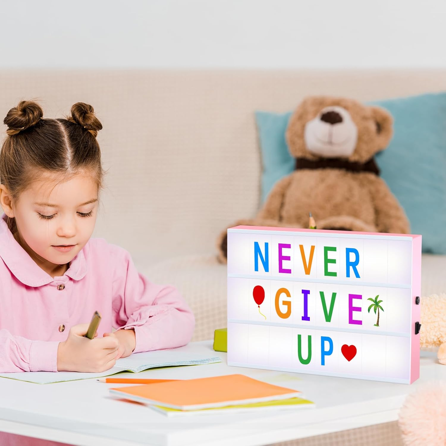 LED Light Box Sign with Letters - Pink Cinematic Light Up Message Board with 230 Colorful Letters, Emojis & Symbols - USB & Battery Powered