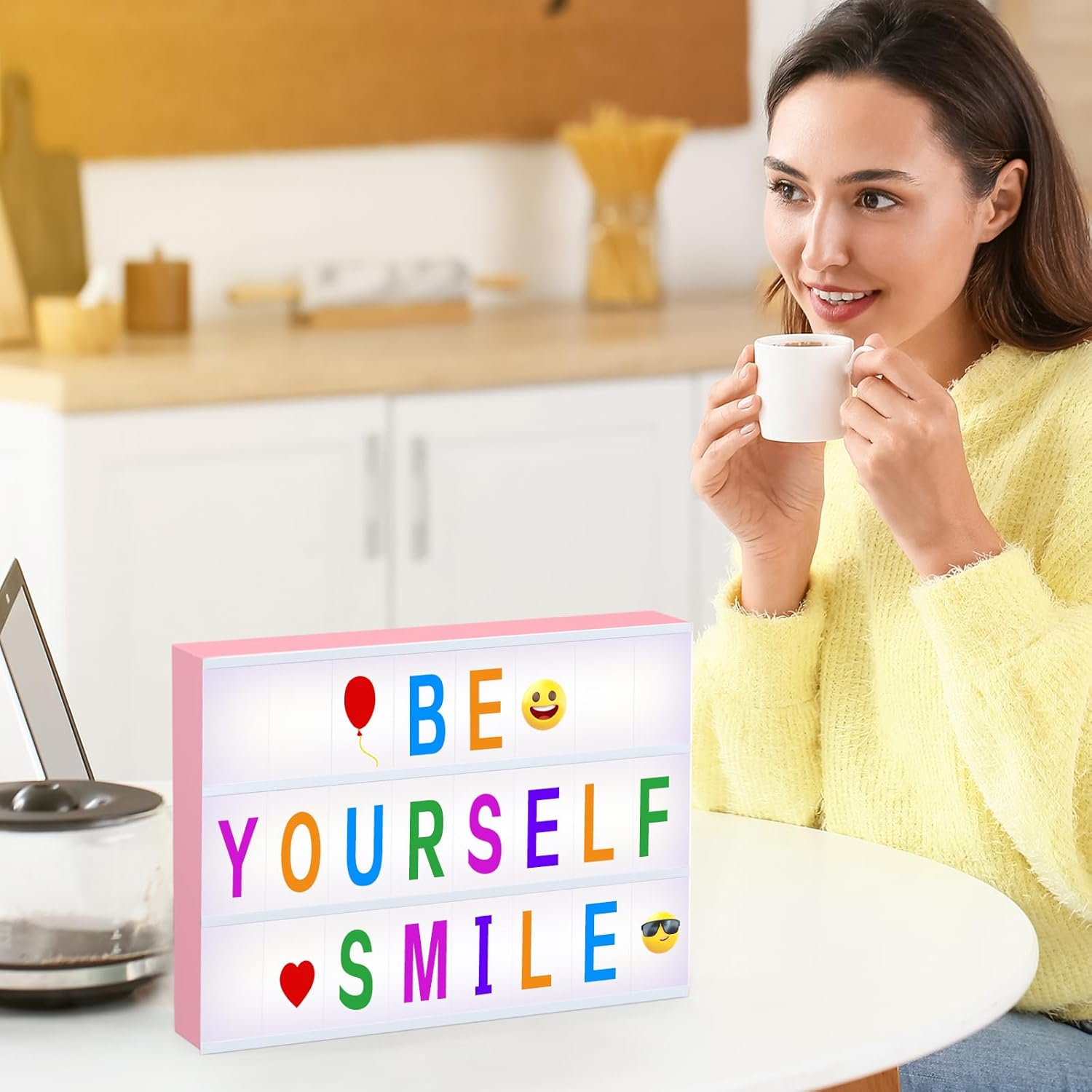 LED Light Box Sign with Letters - Pink Cinematic Light Up Message Board with 230 Colorful Letters, Emojis & Symbols - USB & Battery Powered