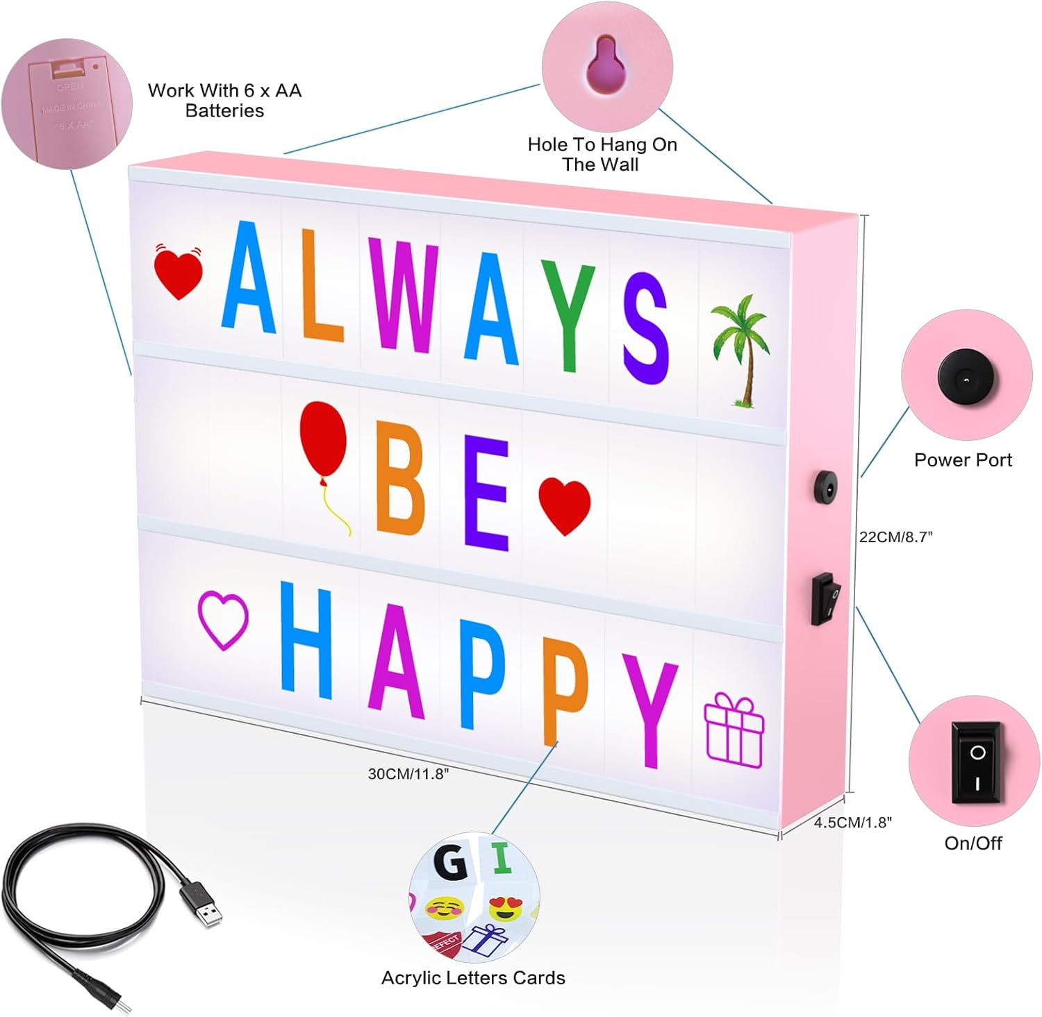 LED Light Box Sign with Letters - Pink Cinematic Light Up Message Board with 230 Colorful Letters, Emojis & Symbols - USB & Battery Powered