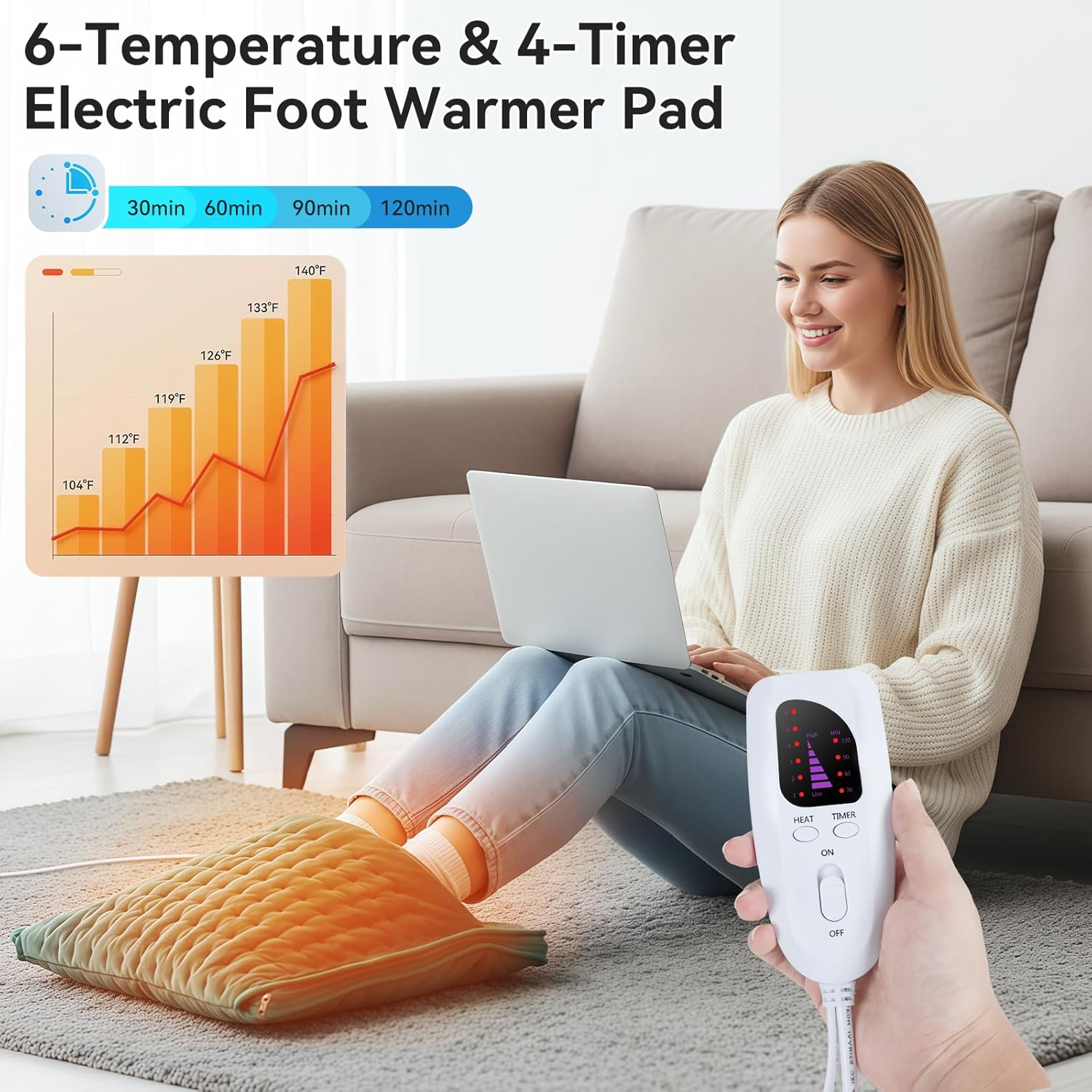 Electric Heated Foot Warmer Pad - 6 Temperature Settings & 4 Timer Options - Machine Washable Heating Pad for Feet, Legs, Back & Shoulders