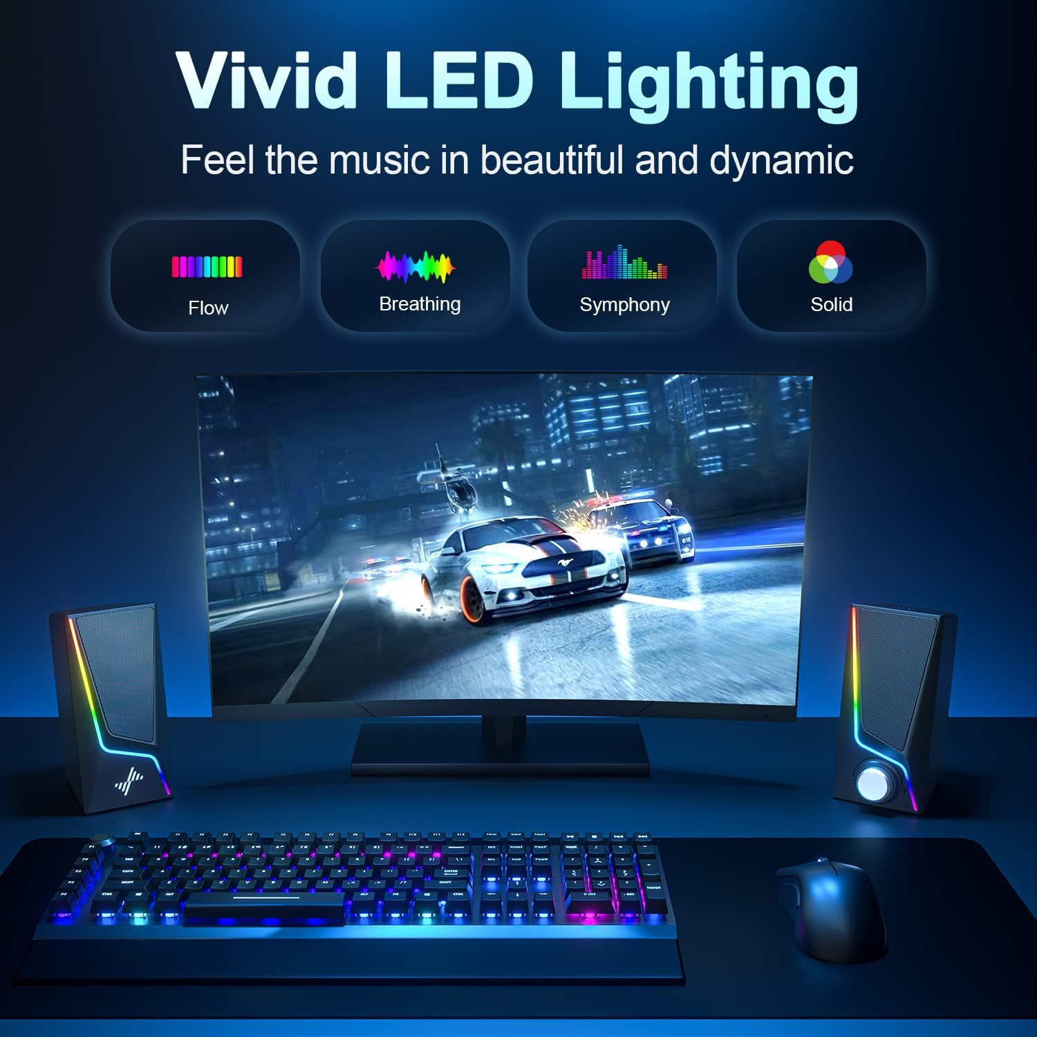 RGB Gaming Speakers - USB Powered PC Computer Speakers with LED Lights, Stereo Sound System for Desktop Laptop Tablet