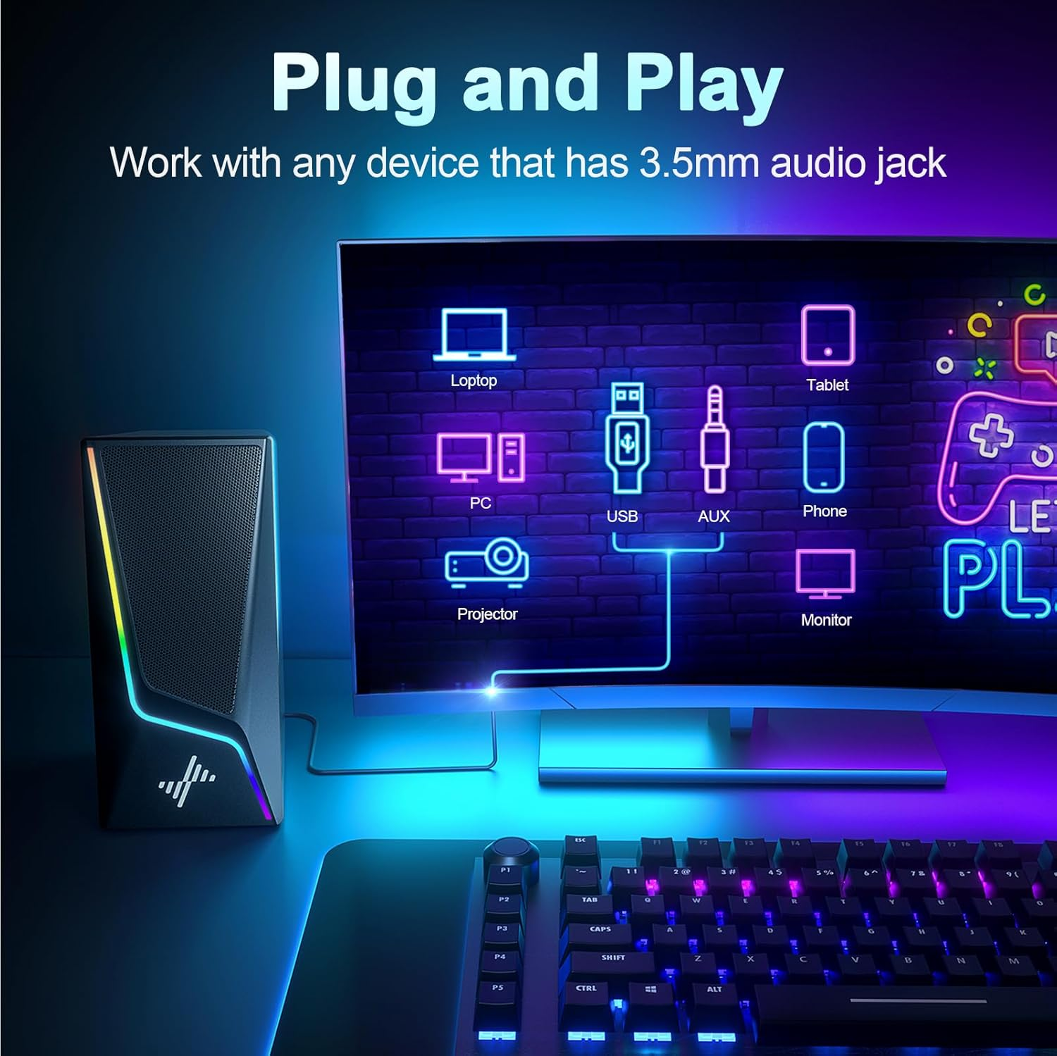 RGB Gaming Speakers - USB Powered PC Computer Speakers with LED Lights, Stereo Sound System for Desktop Laptop Tablet