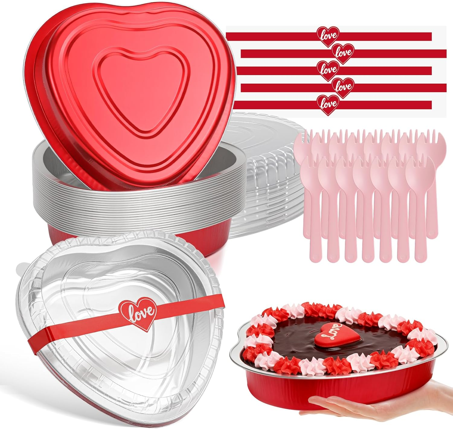 Valentine's Day Heart Shaped Cake Pans with Lids - 15 Pack Disposable Aluminum Foil Containers with Spoons & Sealing Stickers for Party Desserts