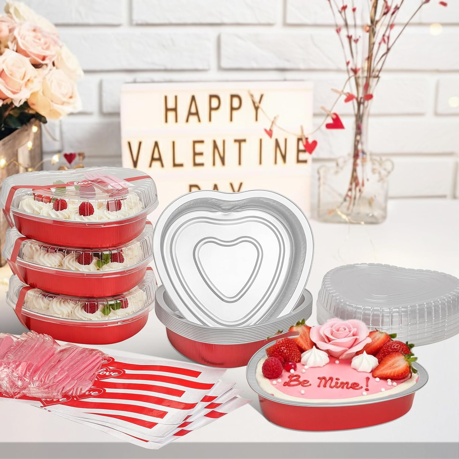 Valentine's Day Heart Shaped Cake Pans with Lids - 15 Pack Disposable Aluminum Foil Containers with Spoons & Sealing Stickers for Party Desserts