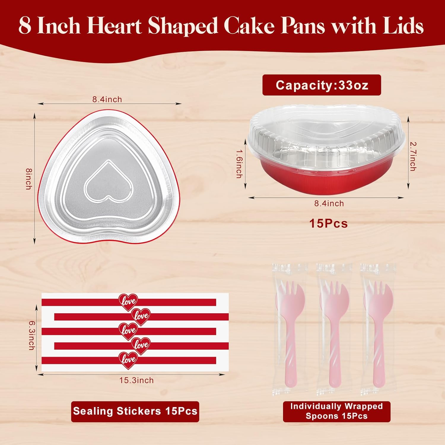 Valentine's Day Heart Shaped Cake Pans with Lids - 15 Pack Disposable Aluminum Foil Containers with Spoons & Sealing Stickers for Party Desserts
