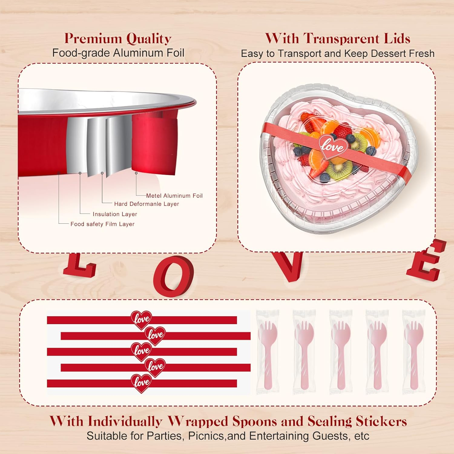 Valentine's Day Heart Shaped Cake Pans with Lids - 15 Pack Disposable Aluminum Foil Containers with Spoons & Sealing Stickers for Party Desserts
