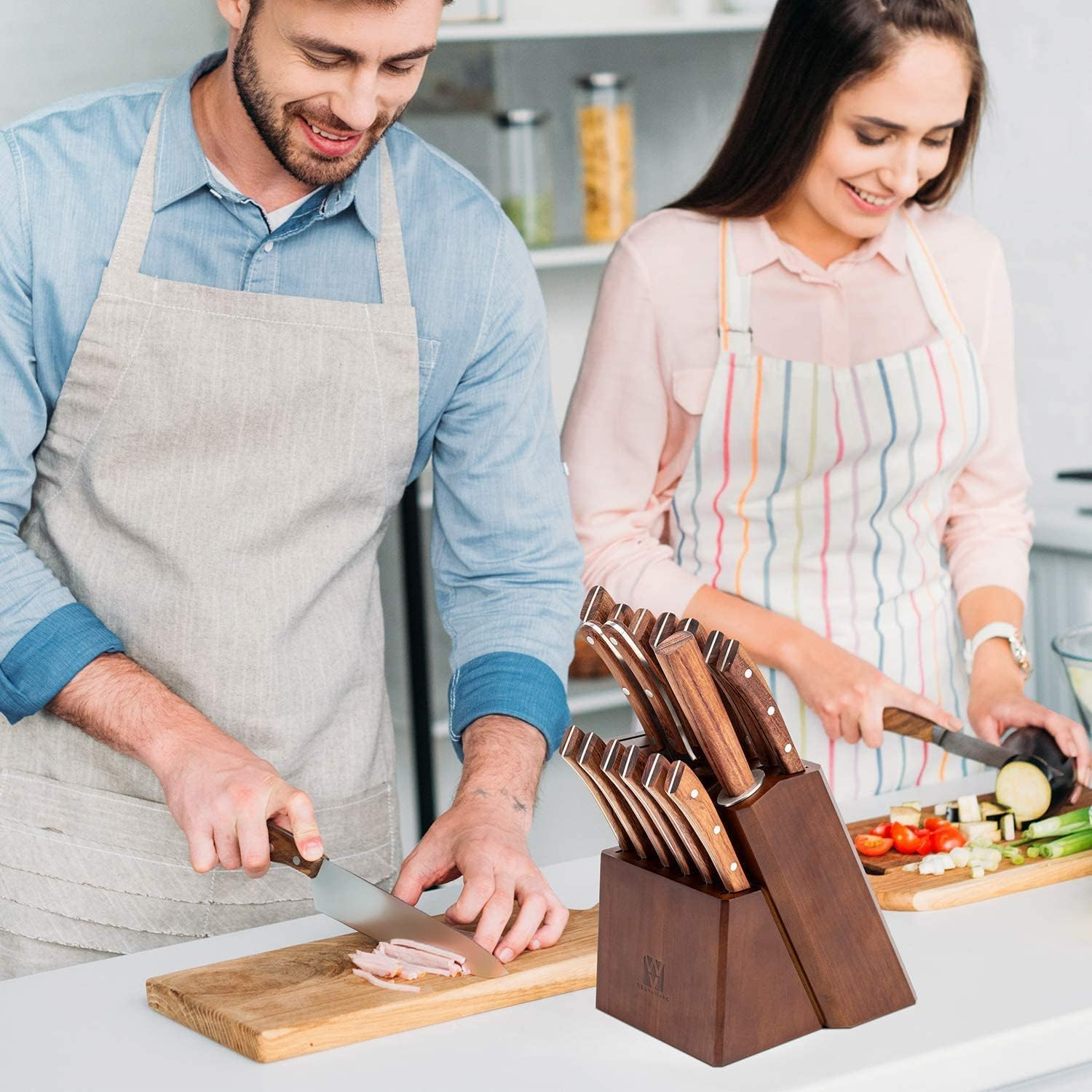 Vestaware Professional Stainless Steel Knife Set - 15-Piece German Steel Kitchen Knives with Wooden Block & Sharpener