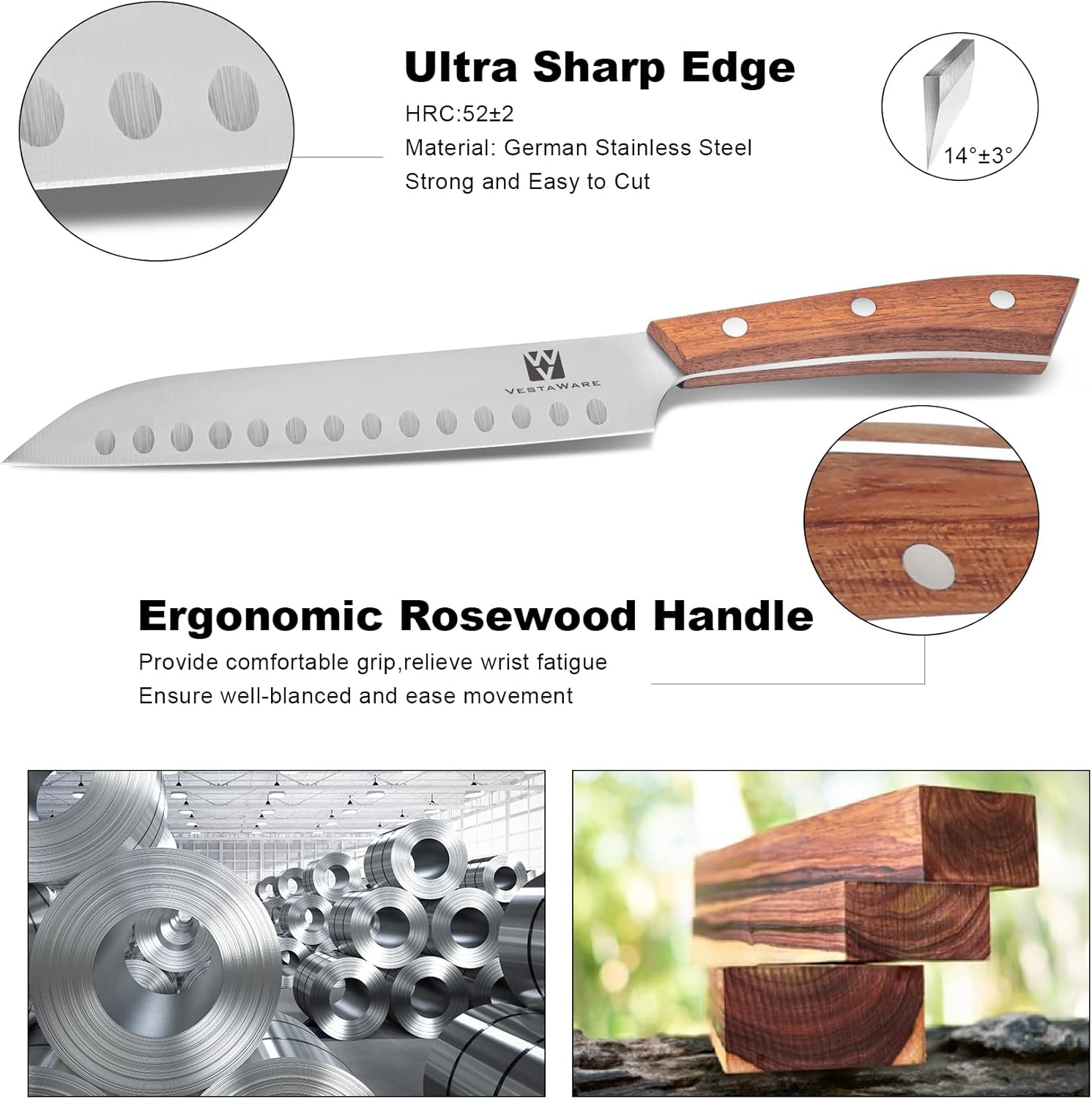 Vestaware Professional Stainless Steel Knife Set - 15-Piece German Steel Kitchen Knives with Wooden Block & Sharpener