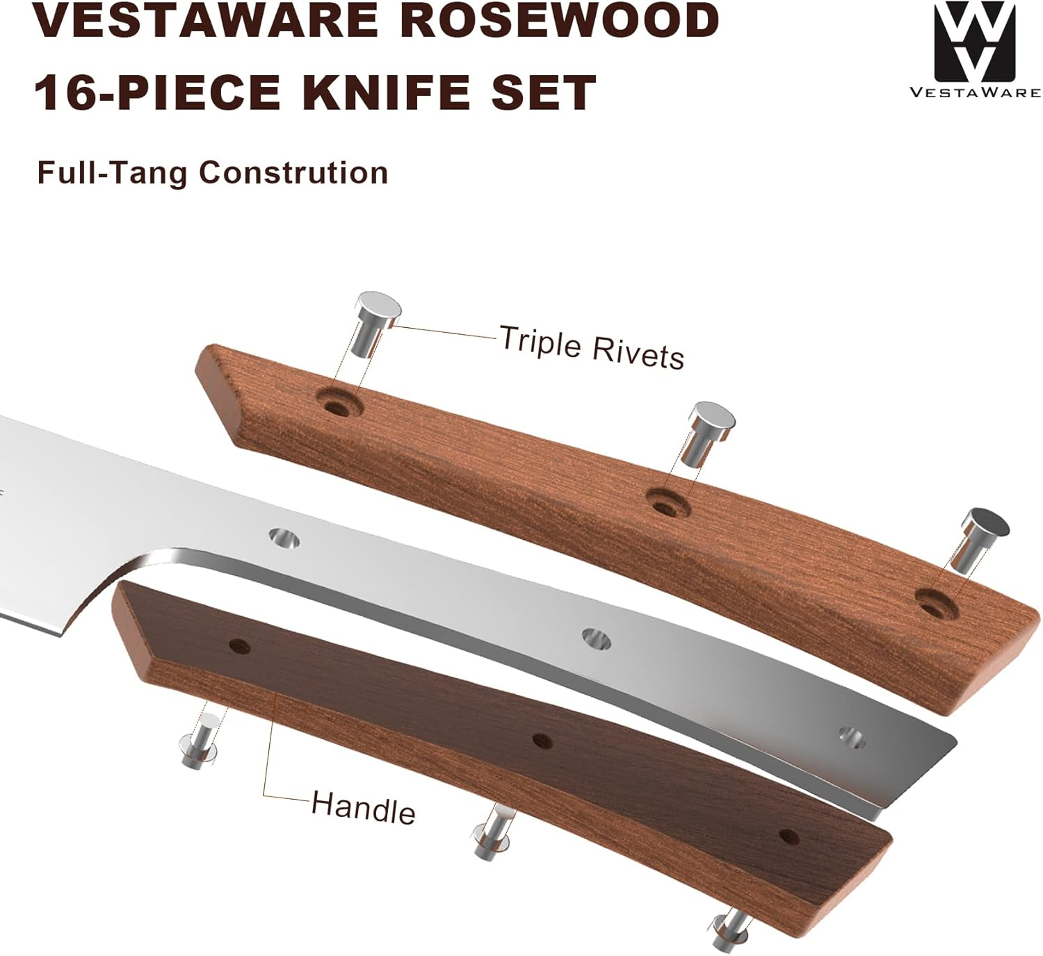 Vestaware Professional Stainless Steel Knife Set - 15-Piece German Steel Kitchen Knives with Wooden Block & Sharpener