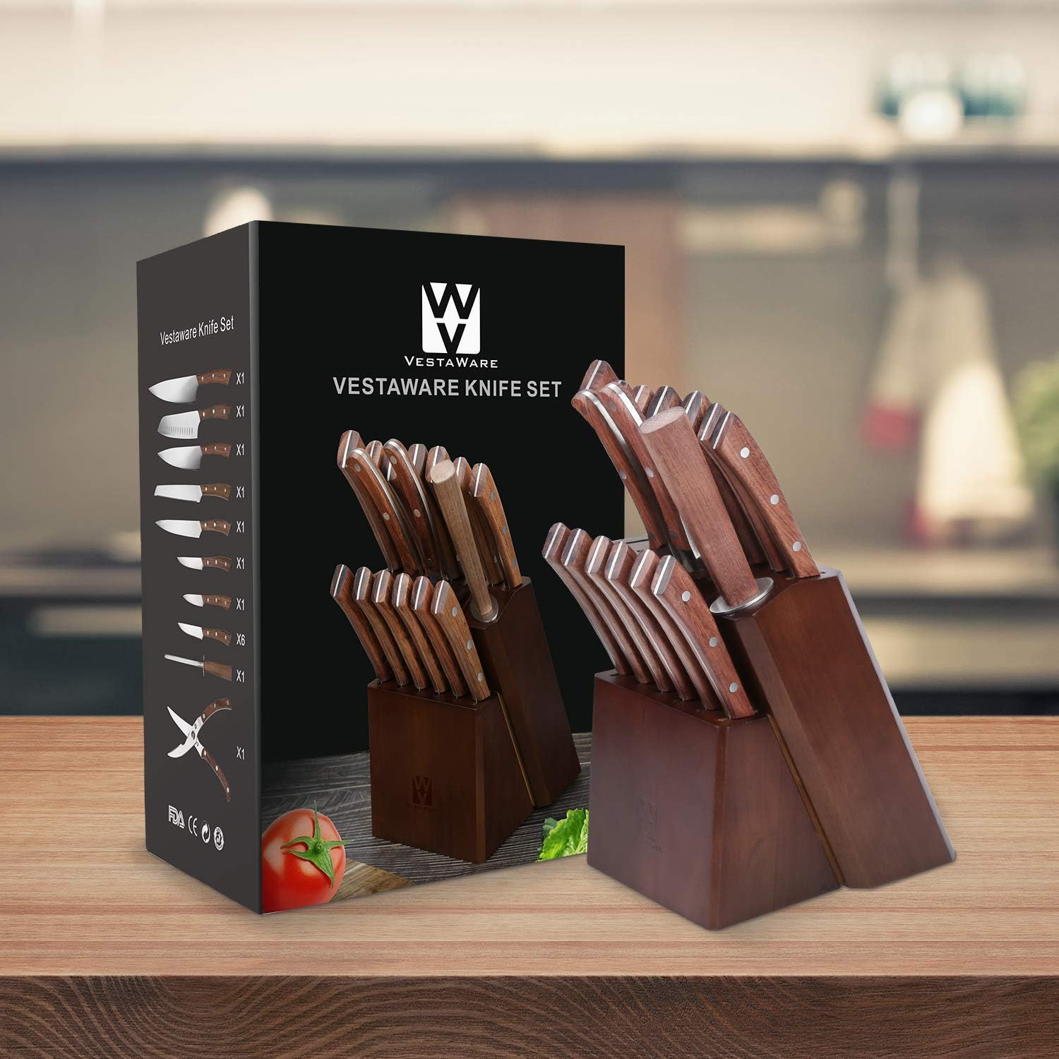 Vestaware Professional Stainless Steel Knife Set - 15-Piece German Steel Kitchen Knives with Wooden Block & Sharpener