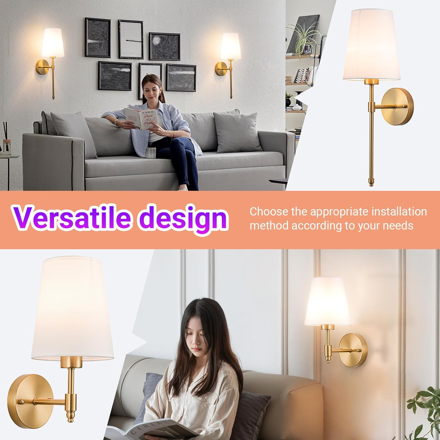 Modern Brass Wall Sconce with Fabric Shade - Gold Wall Light Fixture for Bedroom, Living Room & Hallway