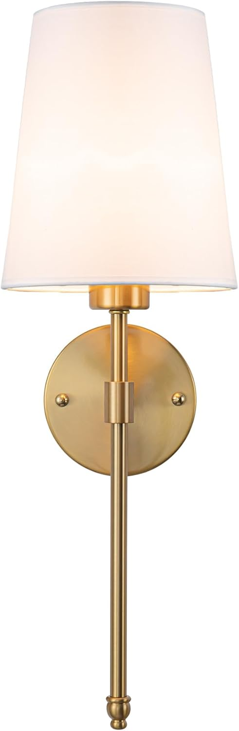 Modern Brass Wall Sconce with Fabric Shade - Gold Wall Light Fixture for Bedroom, Living Room & Hallway