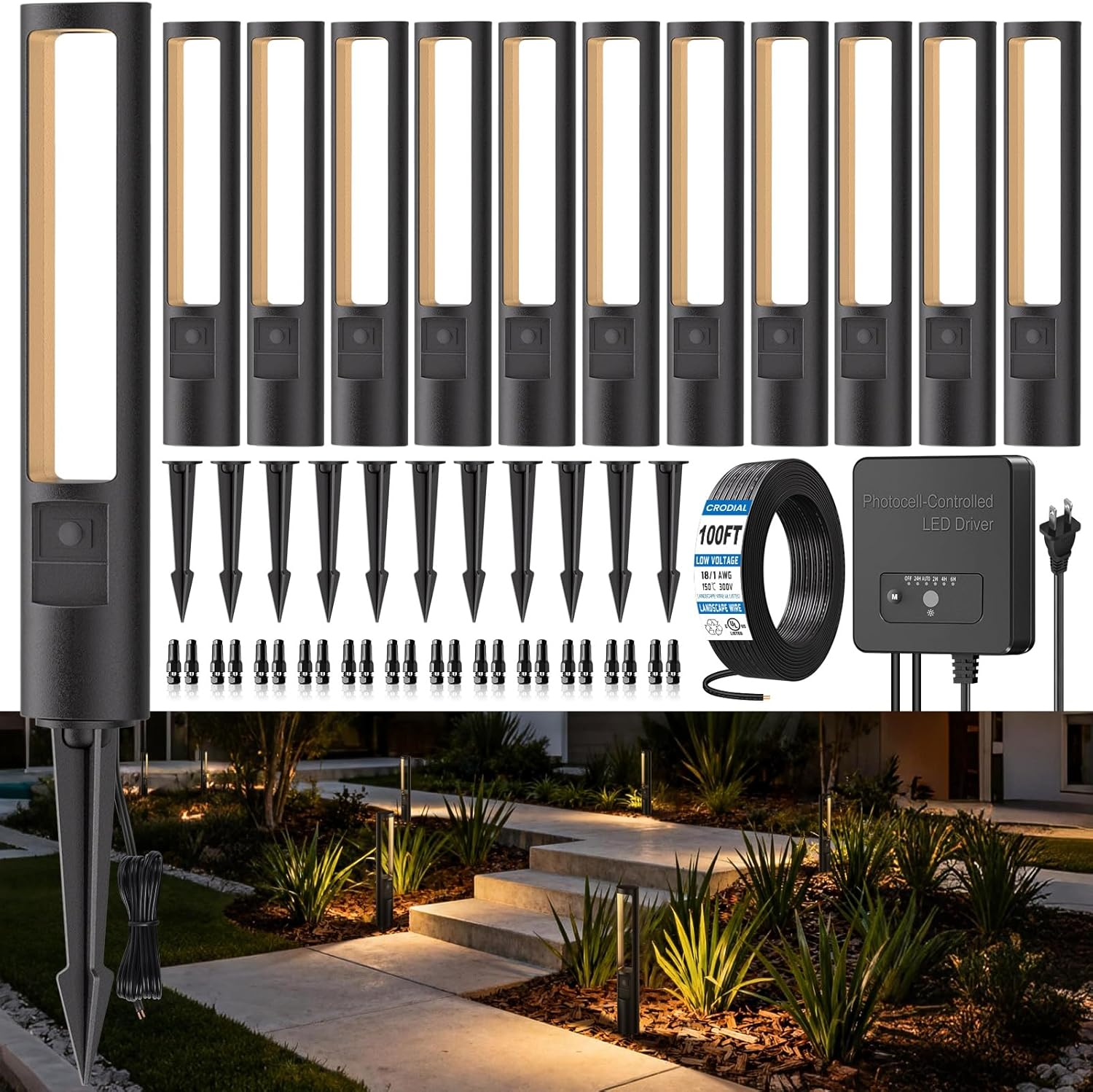 LED Landscape Bollard Light - 96W Photocell Controlled Pathway Light with 6 Color Modes & Timer (2200K-6500K)