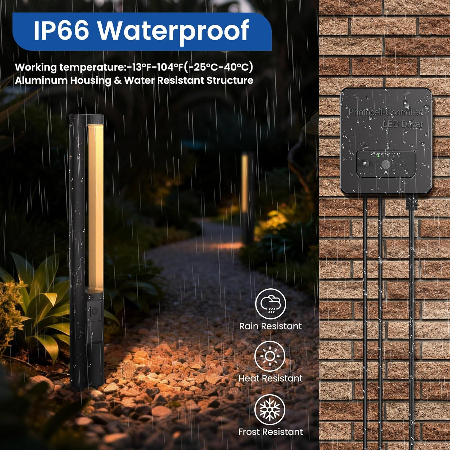 LED Landscape Bollard Light - 96W Photocell Controlled Pathway Light with 6 Color Modes & Timer (2200K-6500K)