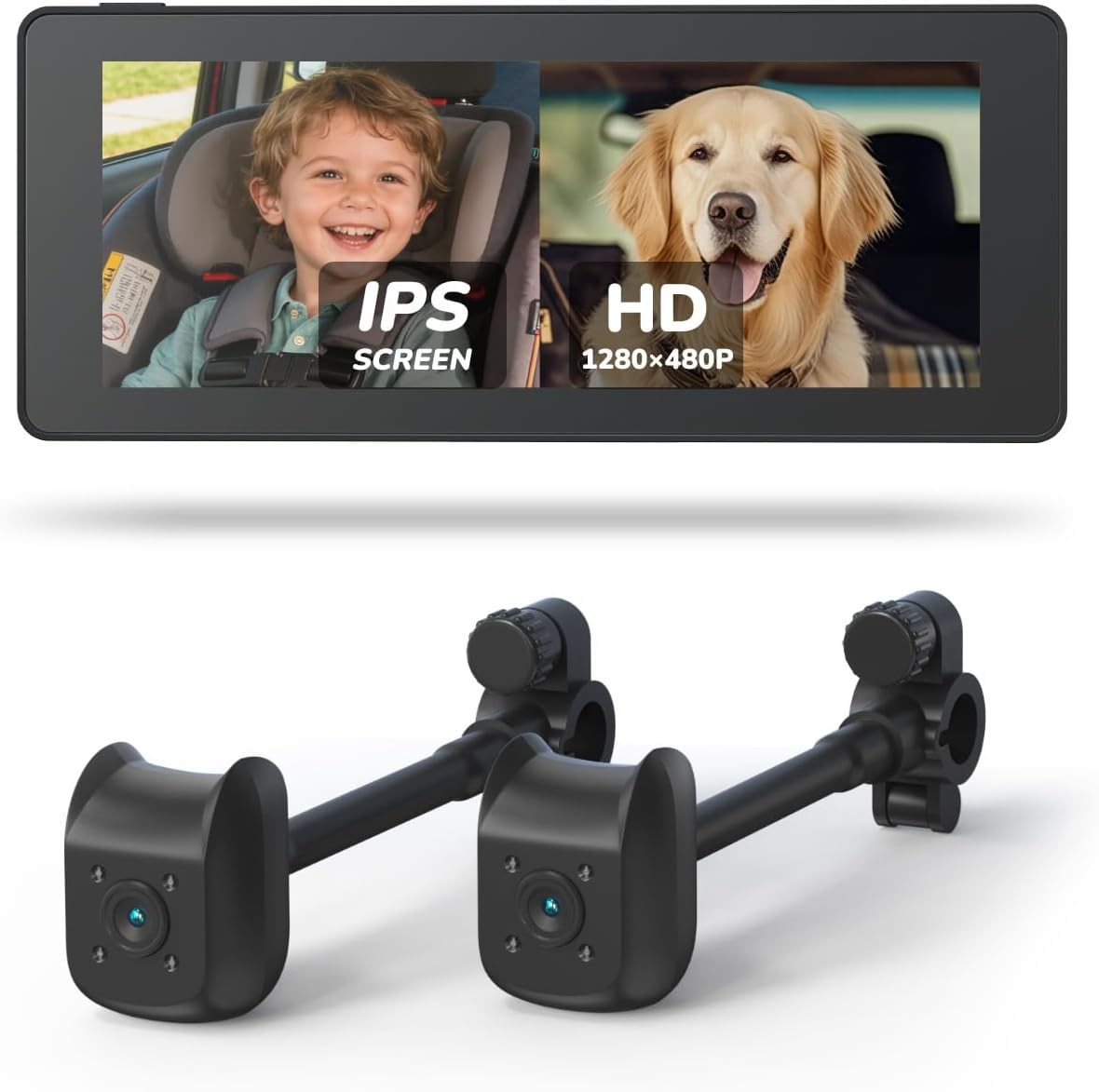 Baby Car Monitor - Dual Camera Backseat Monitor with IPS Screen, 1280x480P HD & 360° Adjustable Cameras for Babies & Pets