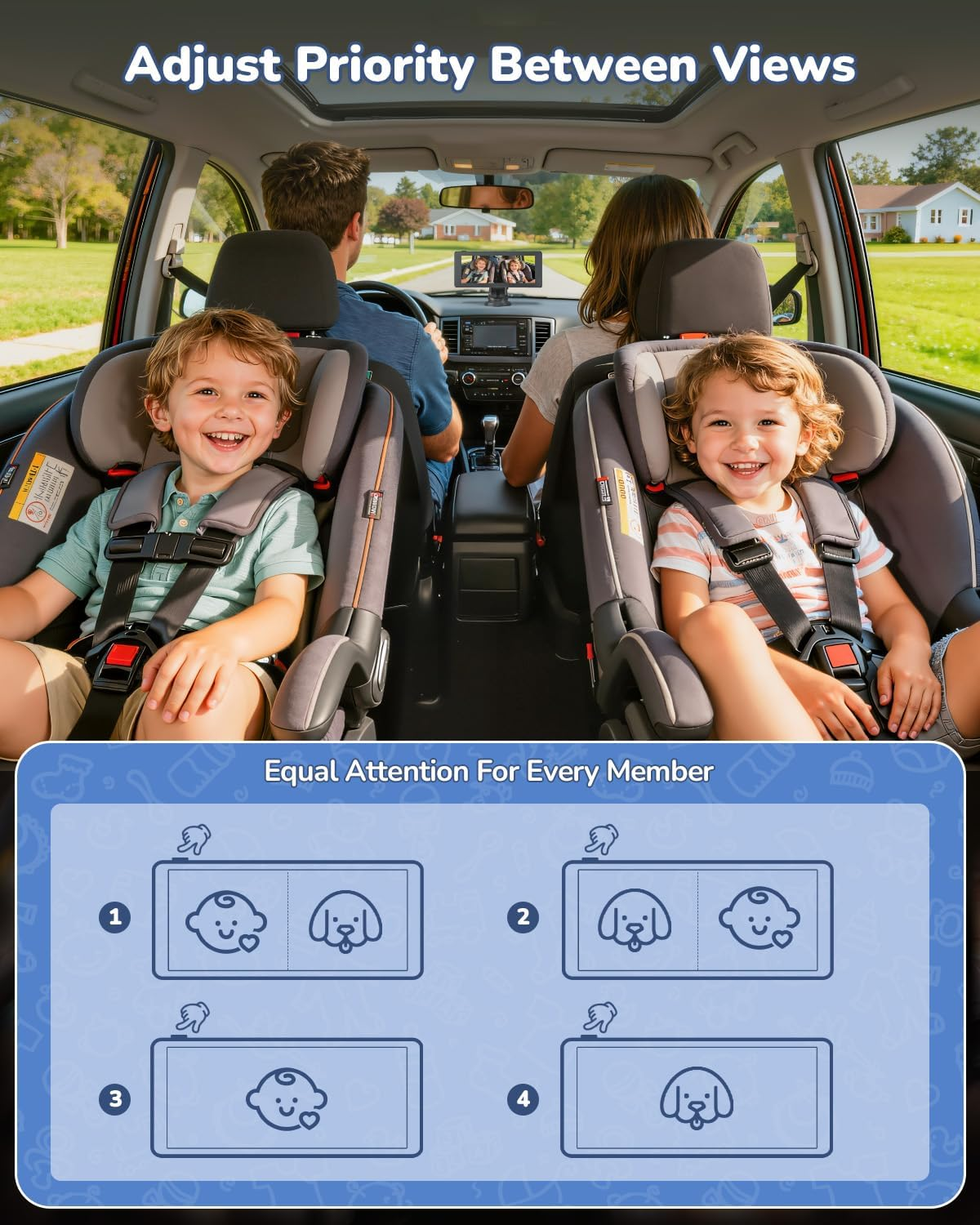 Baby Car Monitor - Dual Camera Backseat Monitor with IPS Screen, 1280x480P HD & 360° Adjustable Cameras for Babies & Pets