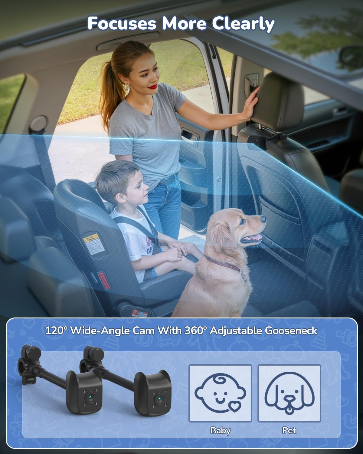 Baby Car Monitor - Dual Camera Backseat Monitor with IPS Screen, 1280x480P HD & 360° Adjustable Cameras for Babies & Pets