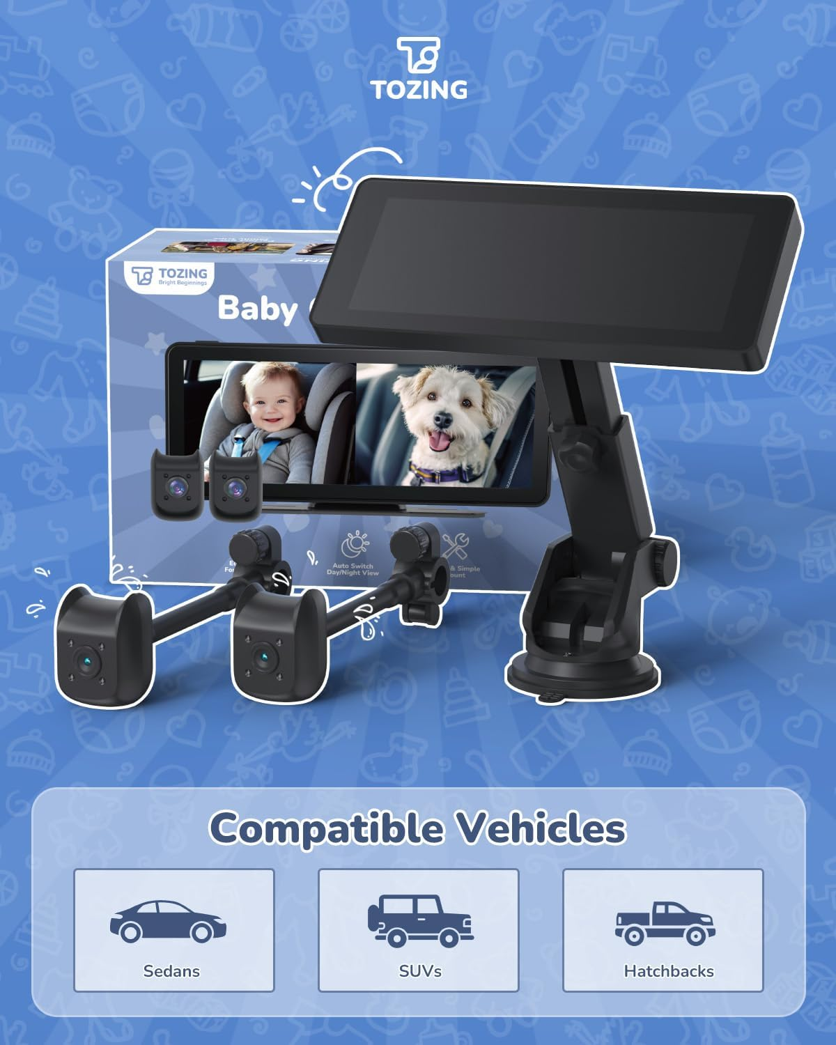 Baby Car Monitor - Dual Camera Backseat Monitor with IPS Screen, 1280x480P HD & 360° Adjustable Cameras for Babies & Pets