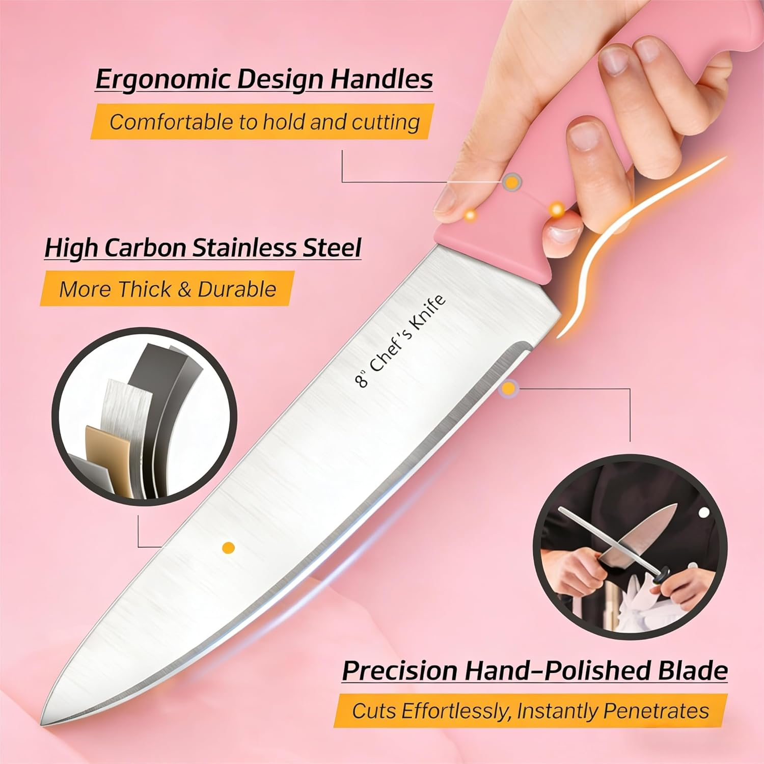 Pink Kitchen Knife Set with Block - 5-Piece High Carbon Stainless Steel Knives with Ergonomic Handles & Knife Holder