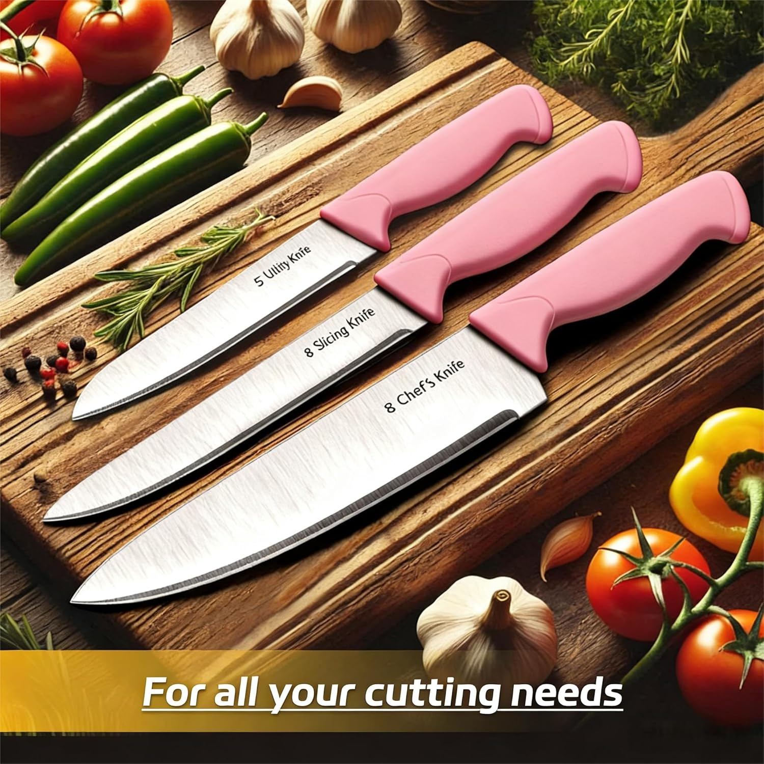 Pink Kitchen Knife Set with Block - 5-Piece High Carbon Stainless Steel Knives with Ergonomic Handles & Knife Holder