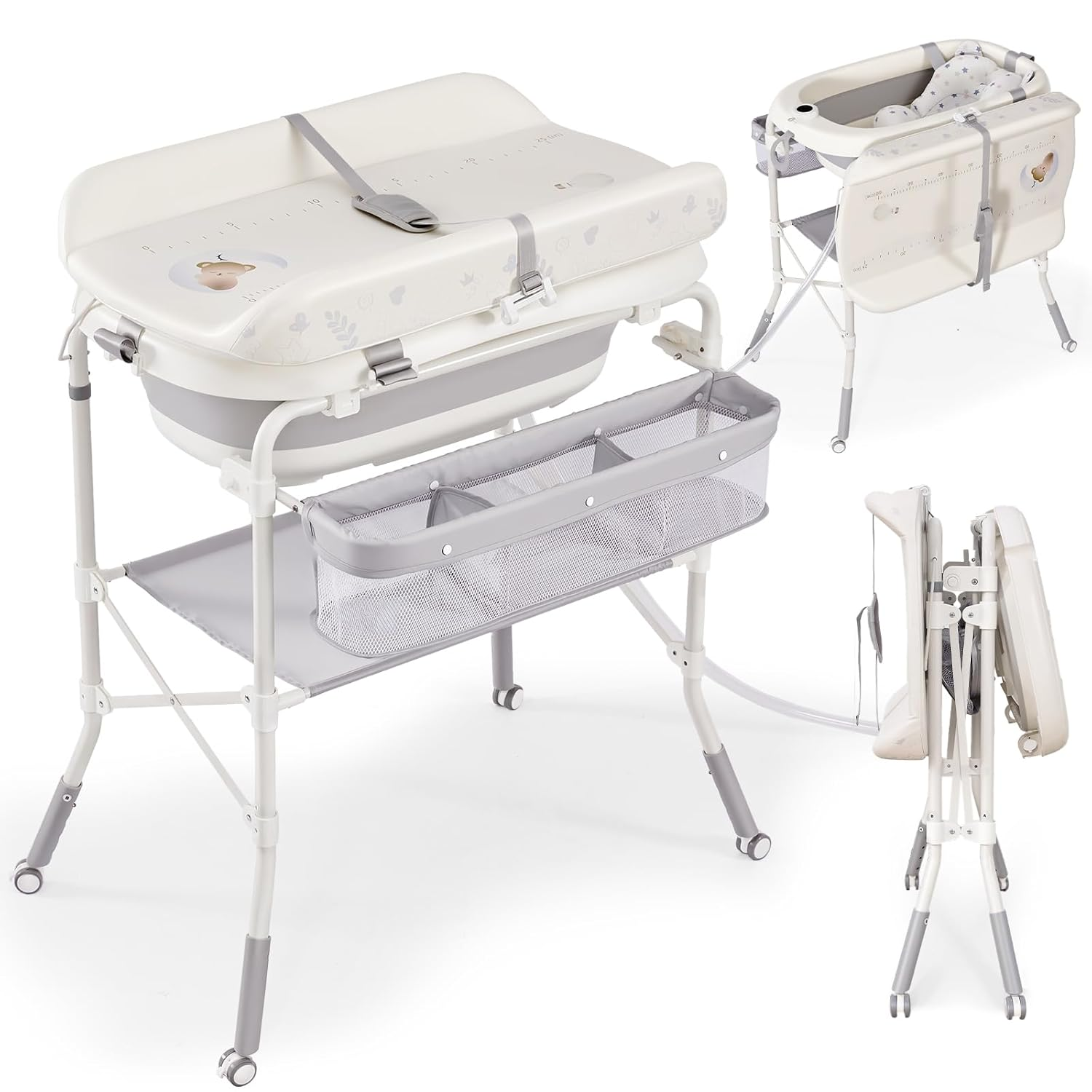 4-in-1 Baby Changing Table with Bathtub - Foldable Diaper Station, 4 Height Levels, Storage Basket
