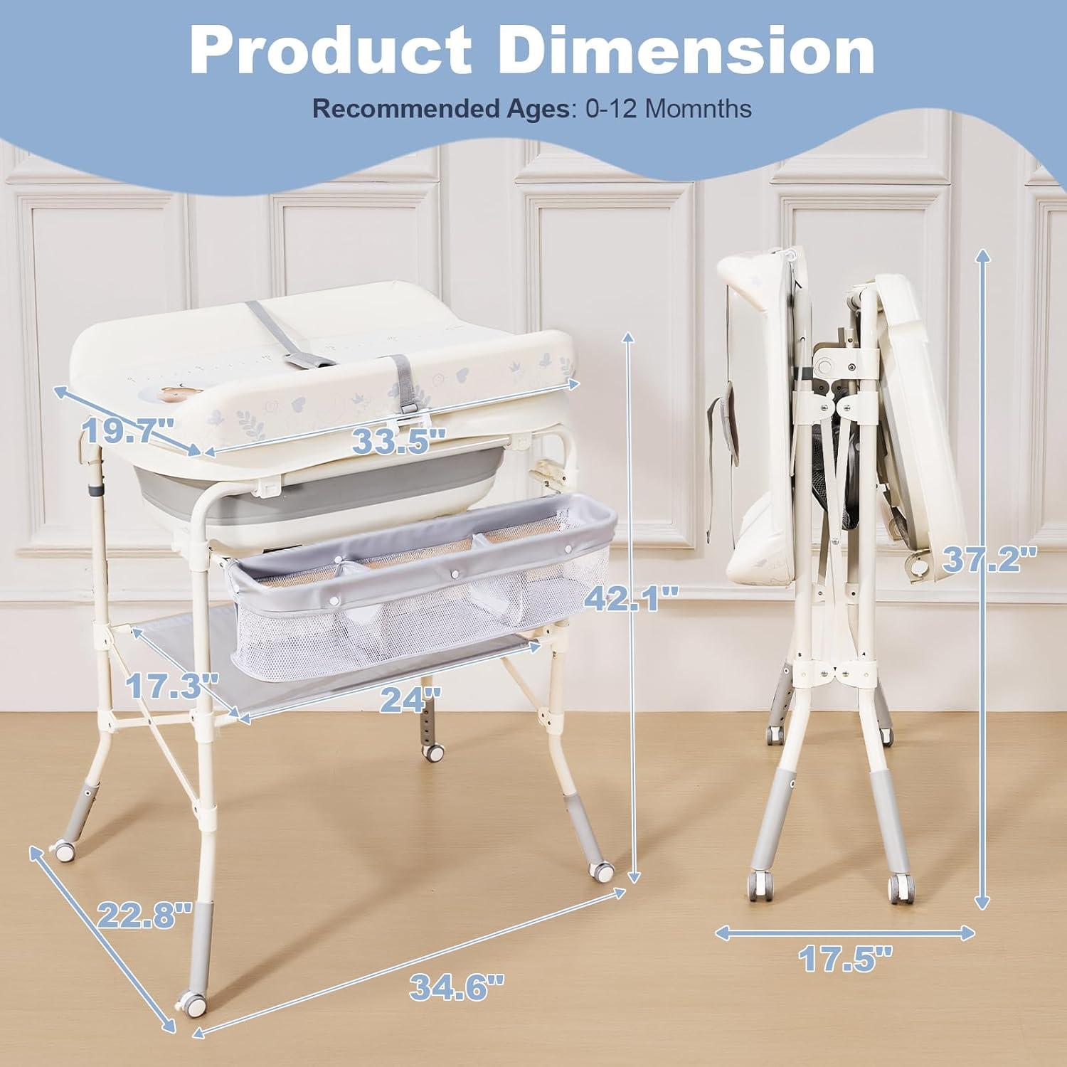 4-in-1 Baby Changing Table with Bathtub - Foldable Diaper Station, 4 Height Levels, Storage Basket